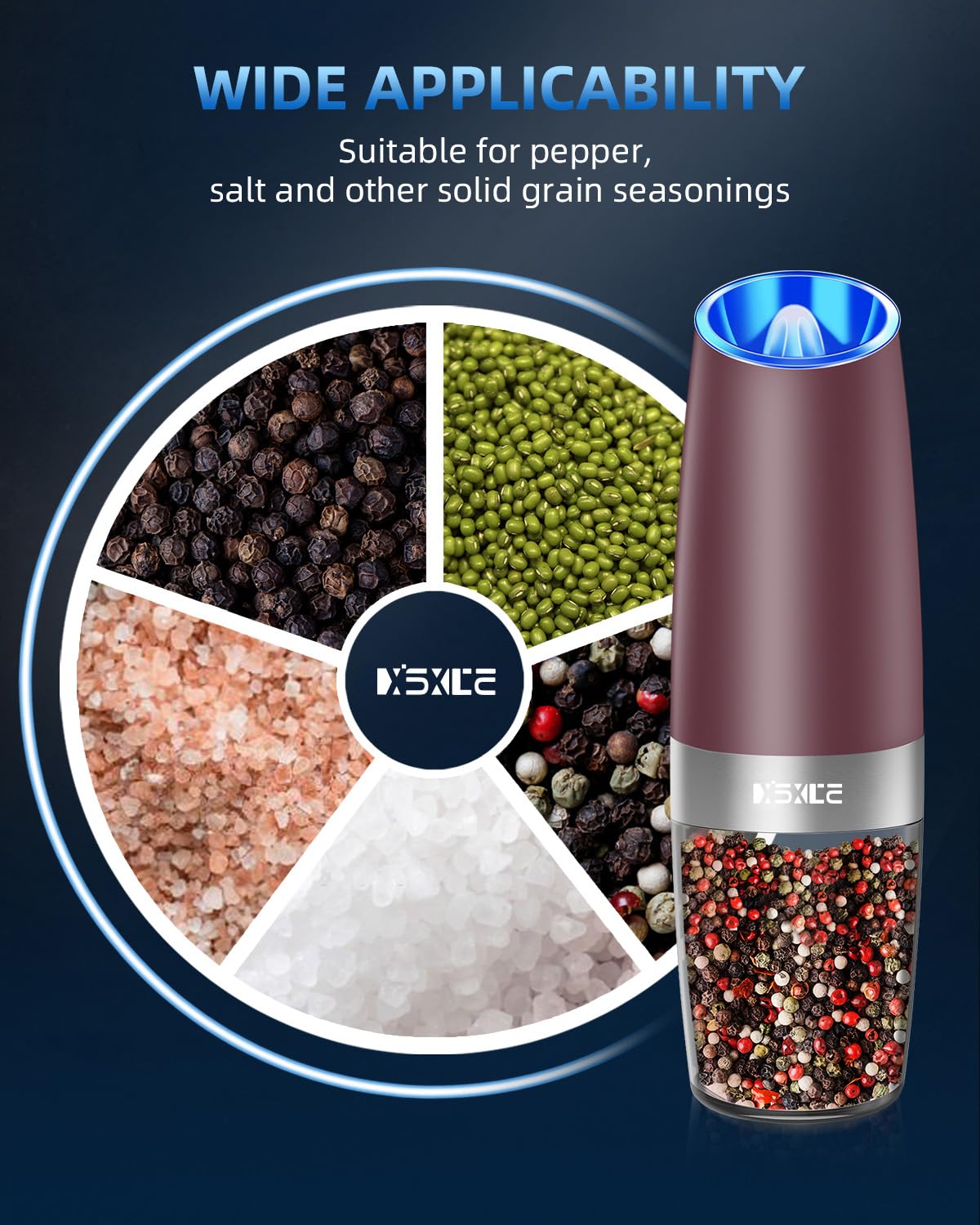 XinXu Gravity Electric Pepper Grinder, Salt or Pepper Mills & Adjustable Coarseness, with LED Light, One Hand Automatic Operatio
