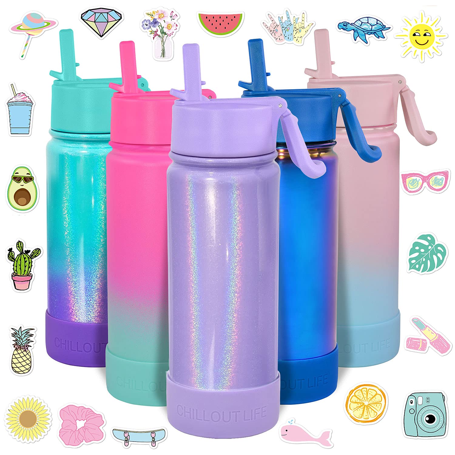 Chillout Life 17 Oz Kids Insulated Water Bottle With Straw Lid Leakproof And Cute Waterproof Stickers, Personalized Stainless St