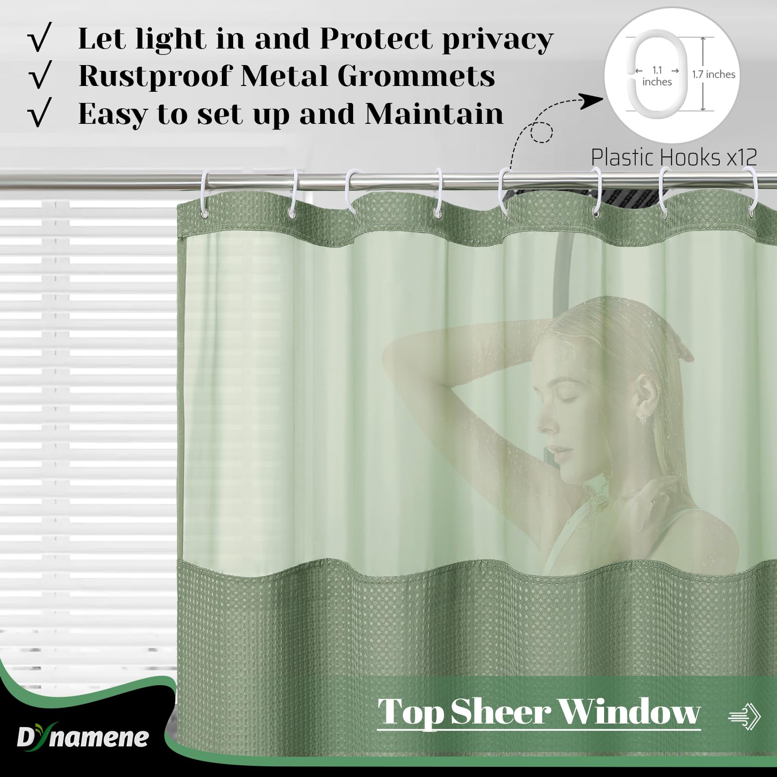 Dynamene Fabric Shower Curtain With Snap In Liner, Sage Green Waffle Hotel Shower Curtains For Bathroom, Washable Waterproof Clo