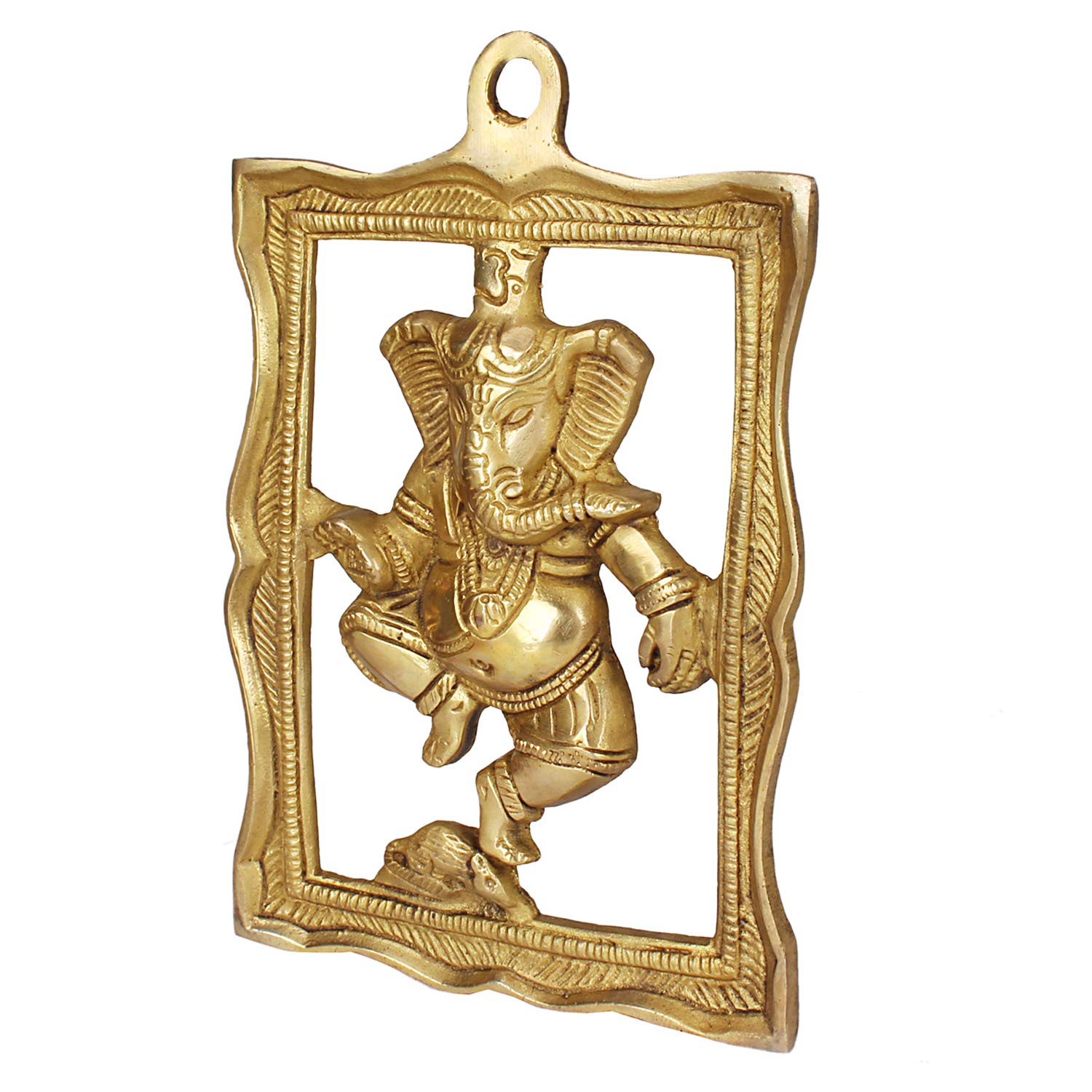 Kartique Ganesha Brass Wall Hanging Idol - Dancing Posture, 9 Inches Tall, Decorative And Auspicious Statue
