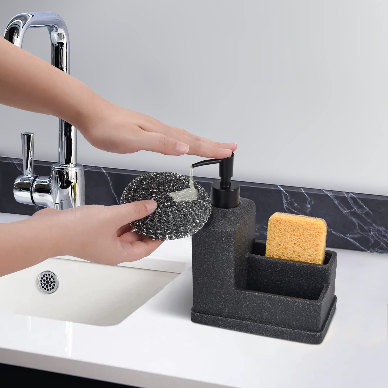 Dish Soap Dispenser With Sponge Holder,Liquid Hand And Dish Soap Dispenser And Spong Caddy With Brush Holder 3 In 1 Countertop O