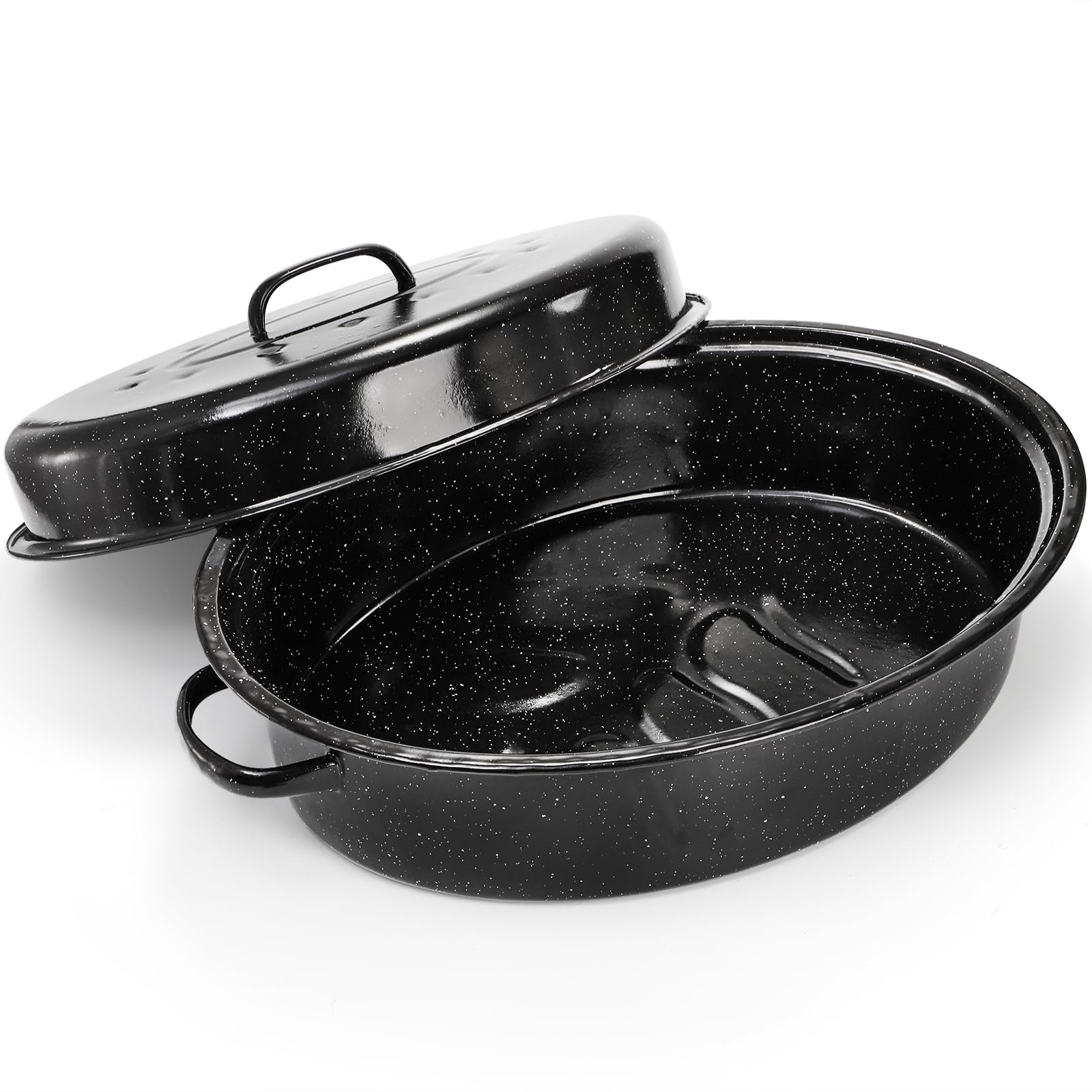 TOPZEA Granite Roasting Pan with Lid, 18 x 12.5 Turkey Roaster Pan Enameled on Steel Nonstick, Covered Oval Roaster Pot Oven B