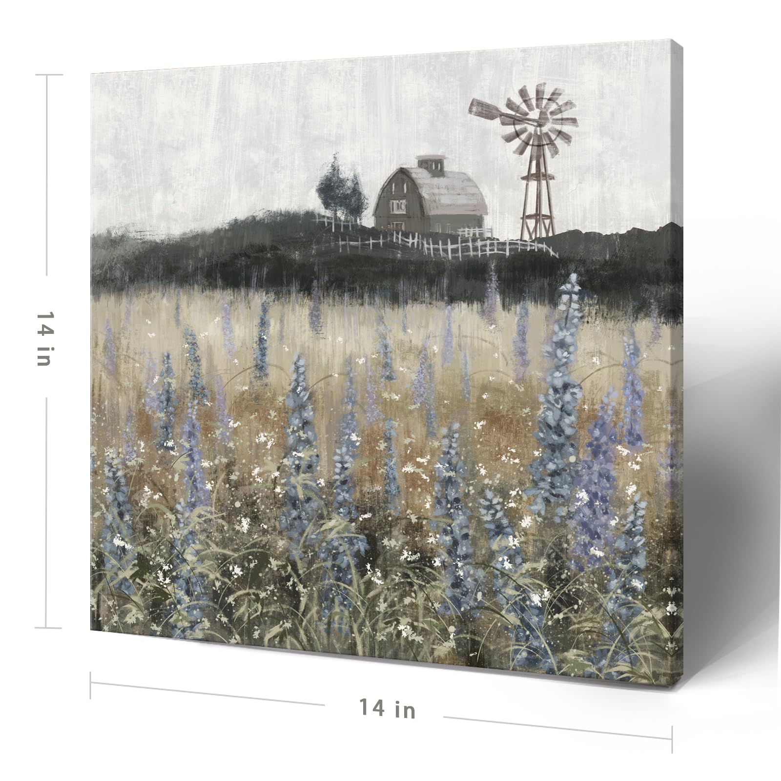 Bathroom Wall Art Vintage Farmhouse Canvas Print Retro Countryside Flower Field Nature Meadow Landscape Rustic Windmill Barn Pic