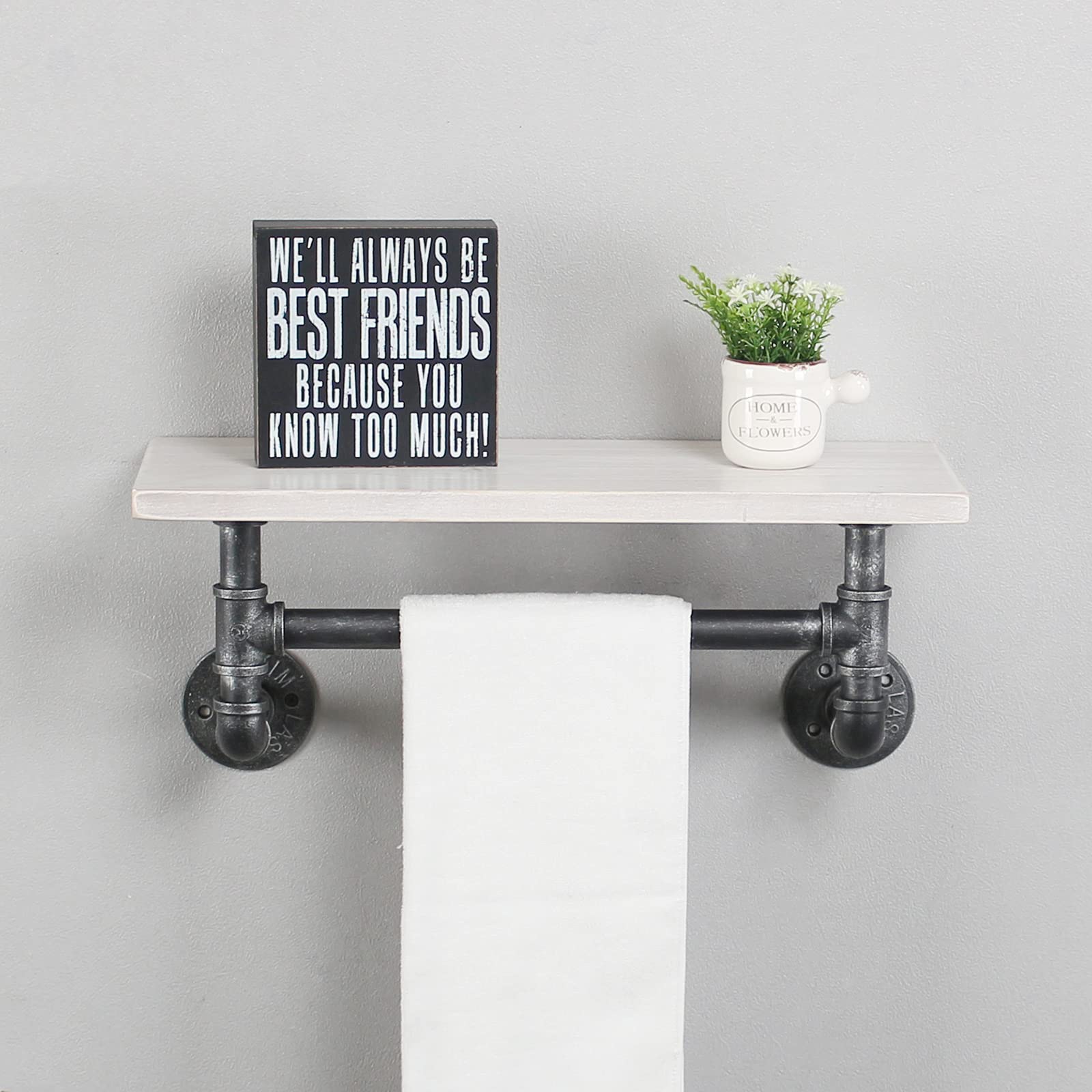 MBQQ Industrial Pipe Shelf Bathroom Shelves Wall Mounted 19.6in Rustic Wood Shelf with Towel Bar 1 Tier Farmhouse Towel Rack Over Toilet Pipe Shelving Floating Shelves Towel Holder Retro White