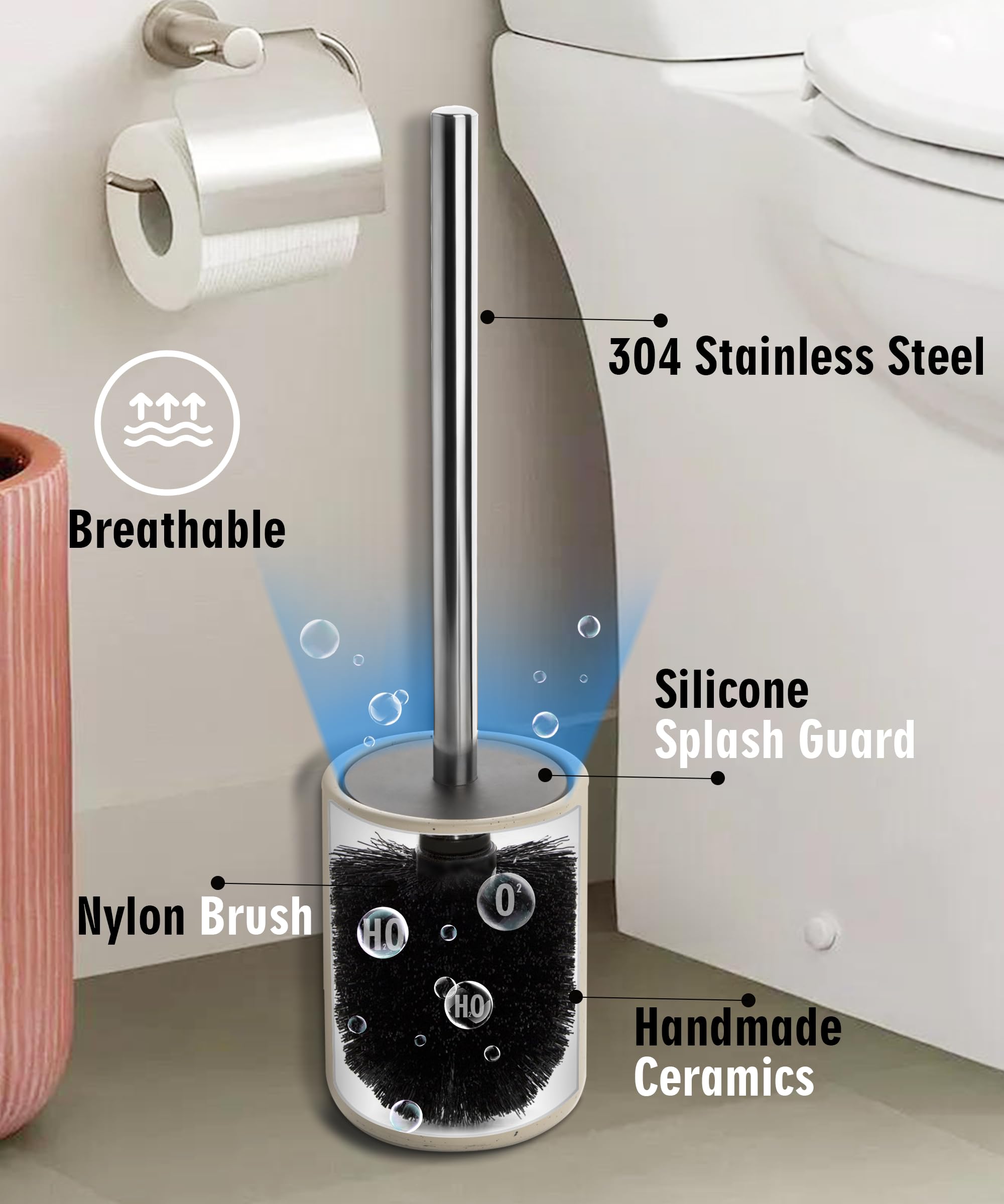Viosuniu Ceramic Toilet Brush And Holder Set -Freestanding Deep-Cleaning Toilet Bowl Cleaner Brush, Stainless Steel Handle, Smal