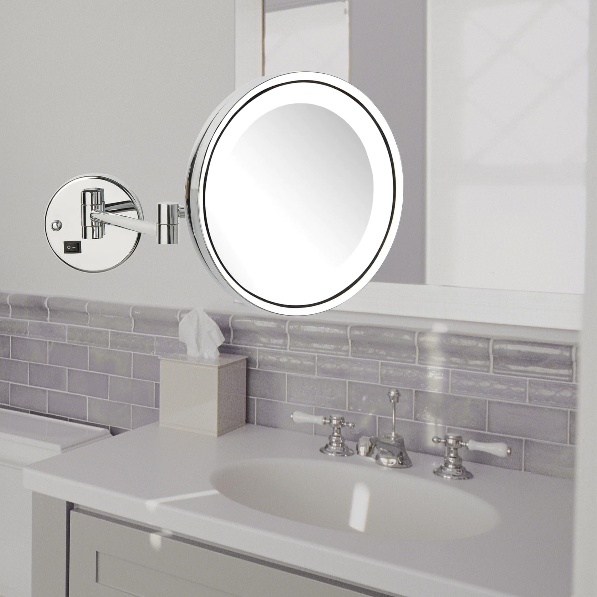 JERDON Lighted Wall-Mounted Makeup Mirror - Makeup Mirror with 5X Magnification & Wall-Mount Arm - 9.5-Inch Diameter Mirror with Chrome Finish Wall Mount - Direct Wire - Model HL1016CLD
