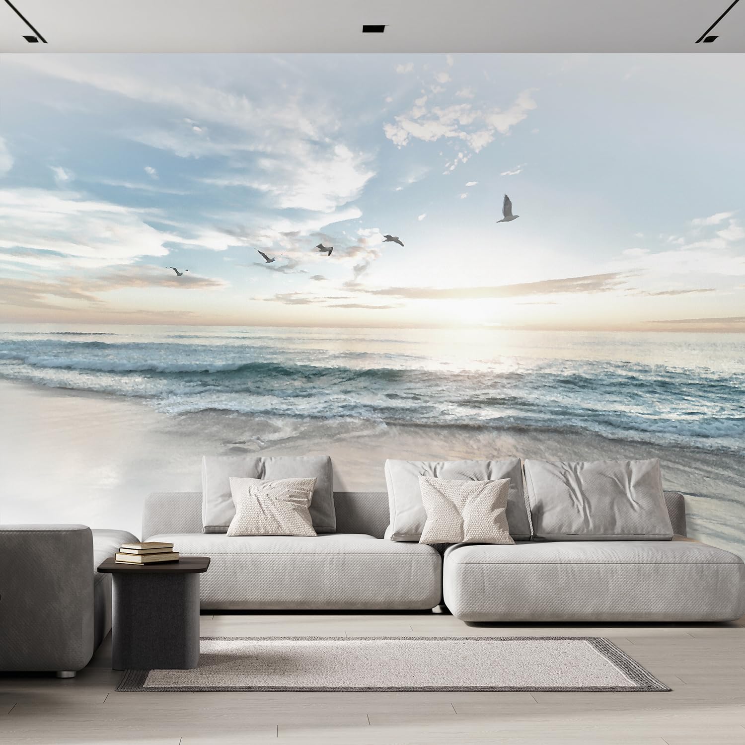 Wall26 - Large Wall Mural - Seacape With Waves On The Beach And Flying Seagulls | Self-Adhesive Vinyl Wallpaper/Removable Modern