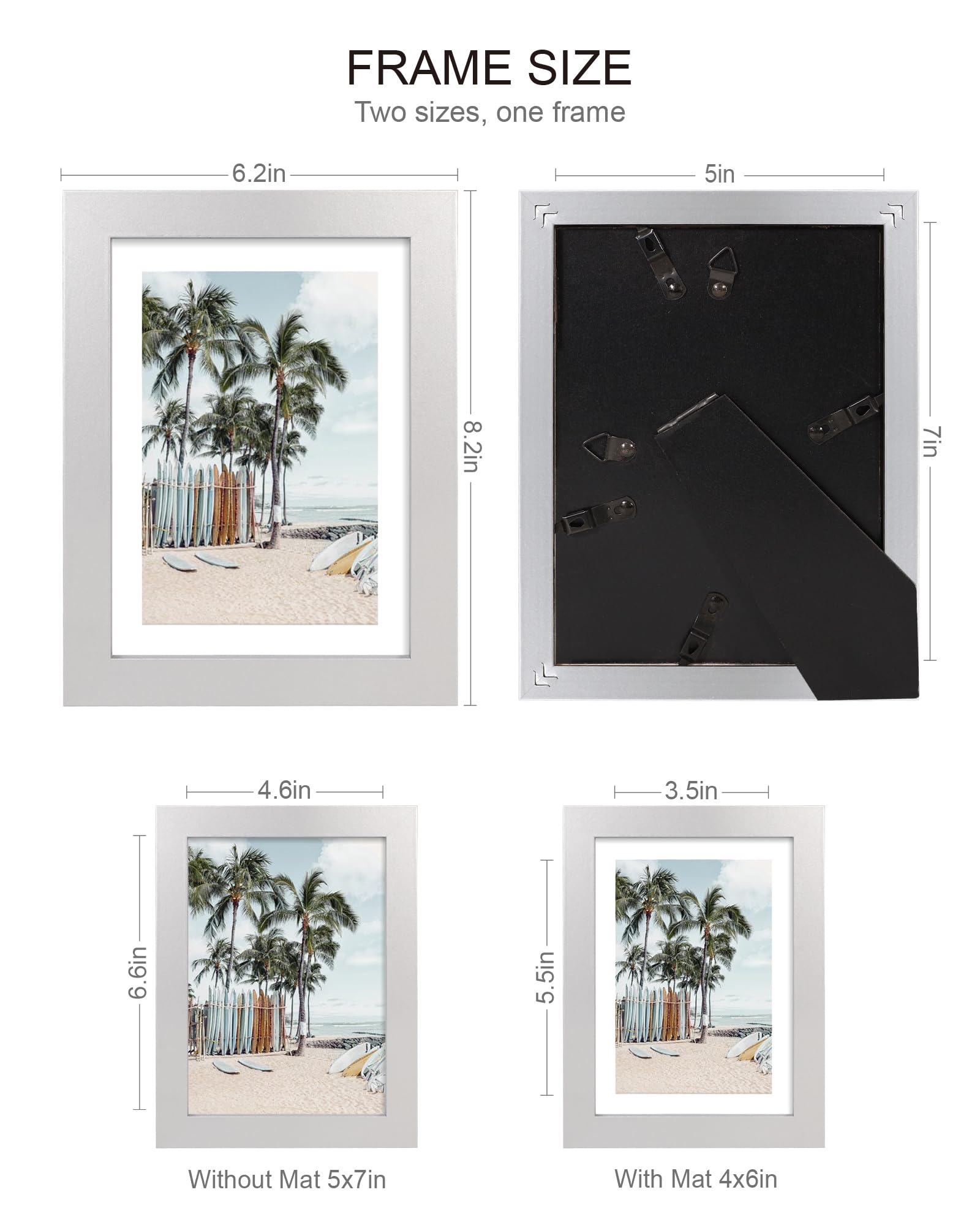 Hongkee 5x7 Picture Frame (4 Pack, Silver) Made of Real Glass and Wooden Frame - Display Pictures 4x6 with Mat or 5x7 Without Ma