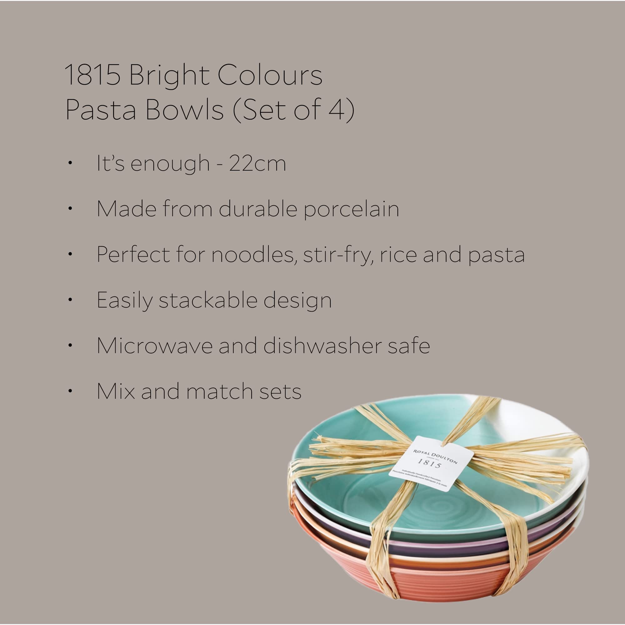 Royal Doulton 1815 Mixed Patterns Pasta Bowl, 9.1'', Bright Colors, Set Of 4