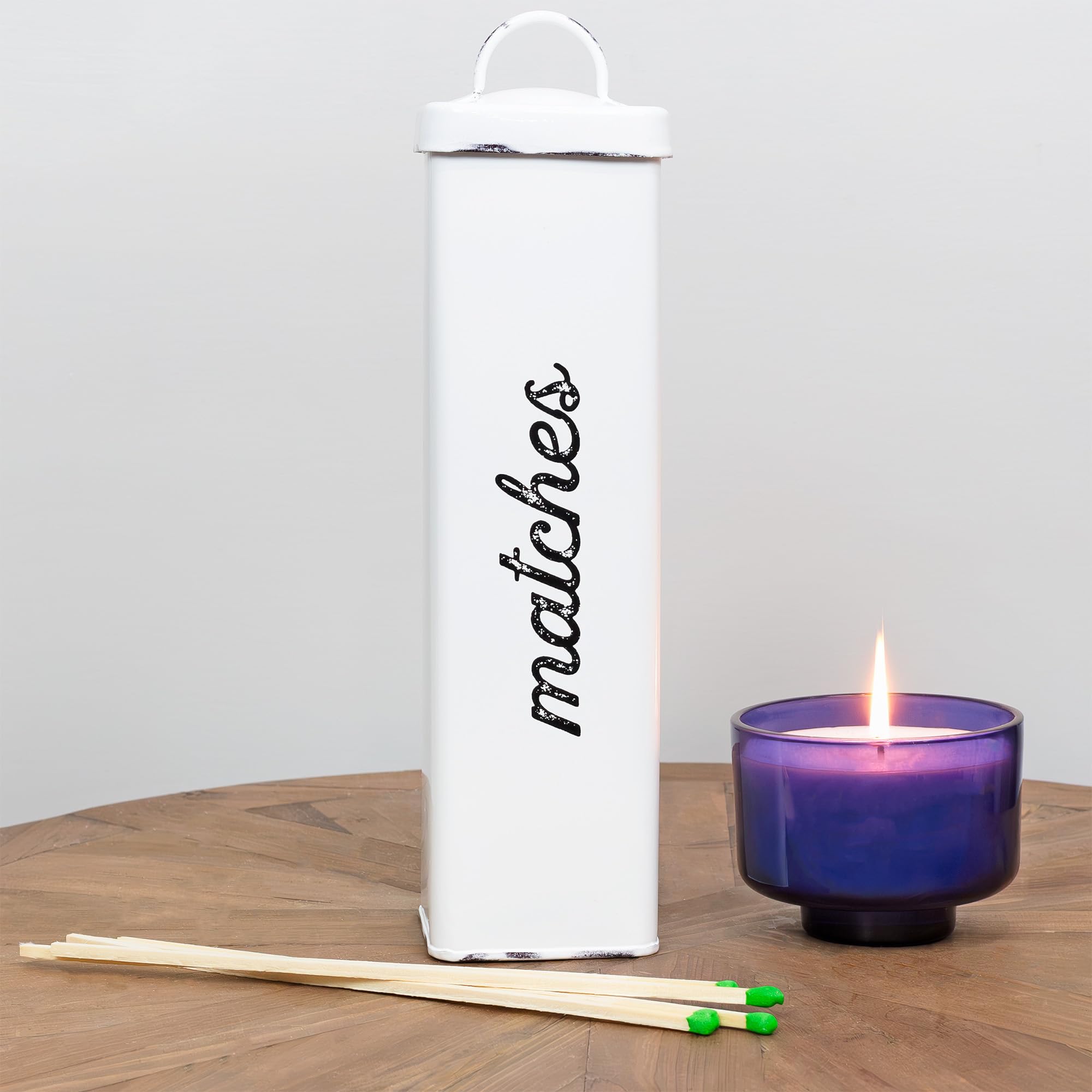 Auldhome Design Enamelware Fireplace Matches Holder (White), Farmhouse Storage Container For Long Safety Matches