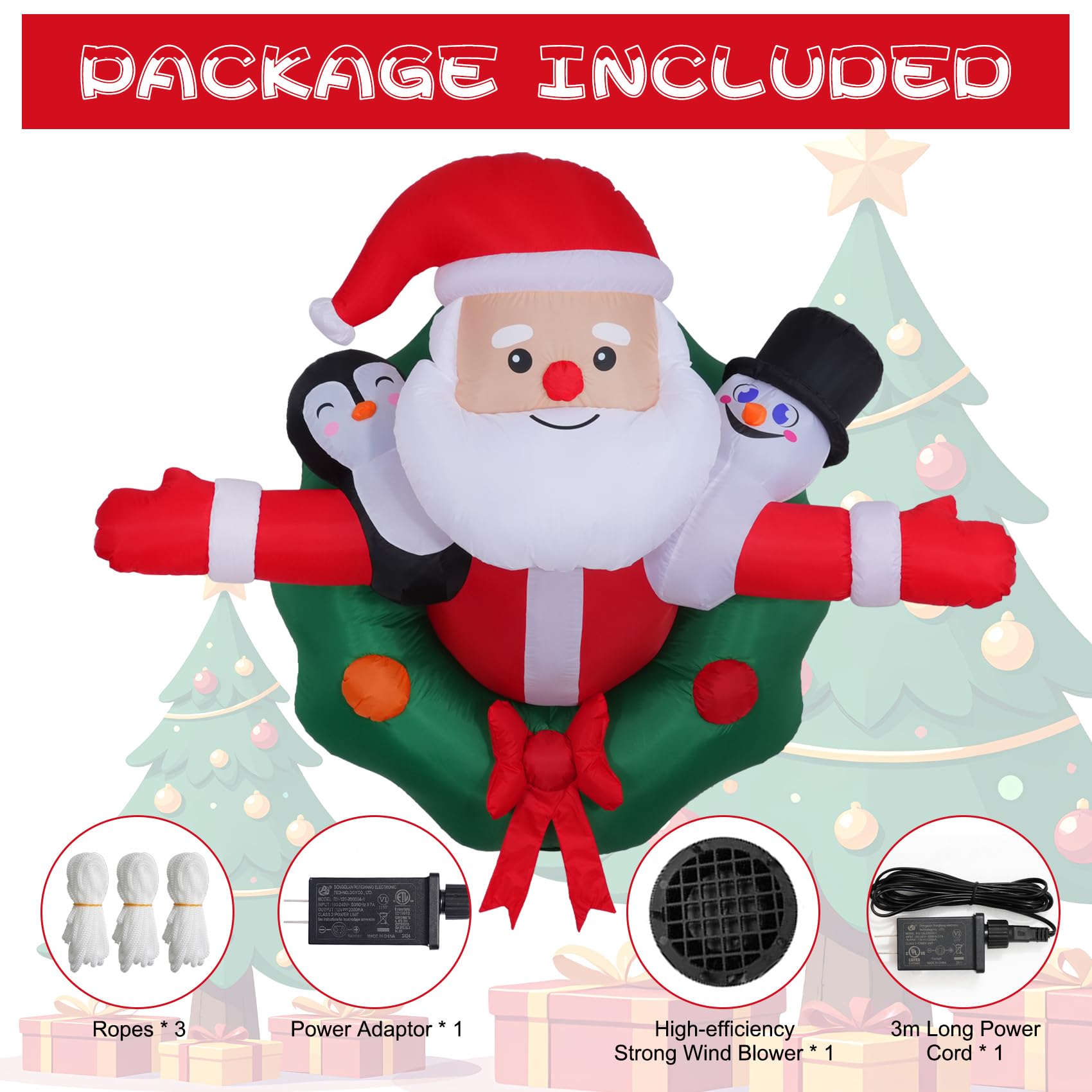 5FT Christmas Inflatables Festive Wreath with Santa Penguin Snowman Outdoor Window Decorations Christmas Blow ups Hanging Santa