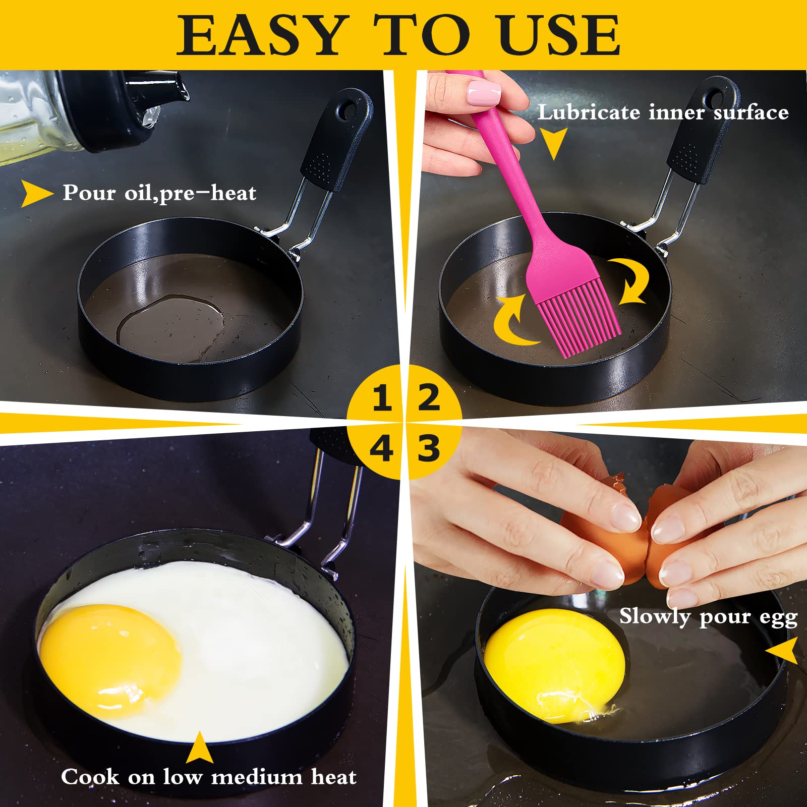 Lxlovesm 3 Packs 3.5'' Egg Rings Set With Silicone Handle, Stainless Steel Egg Cooking Rings,Nonstick,For Frying Eggs And Egg Mc