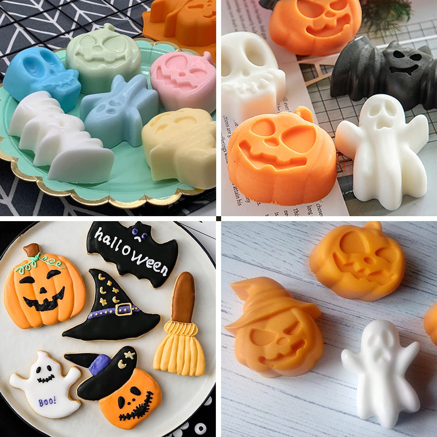 Bamutu Halloween Silicone Chocolate Molds Pumpkin Bat Skull Ghost Shape Baking Molds 2 Pcs 12-Cavity Non-Stick Chocolate Jelly C
