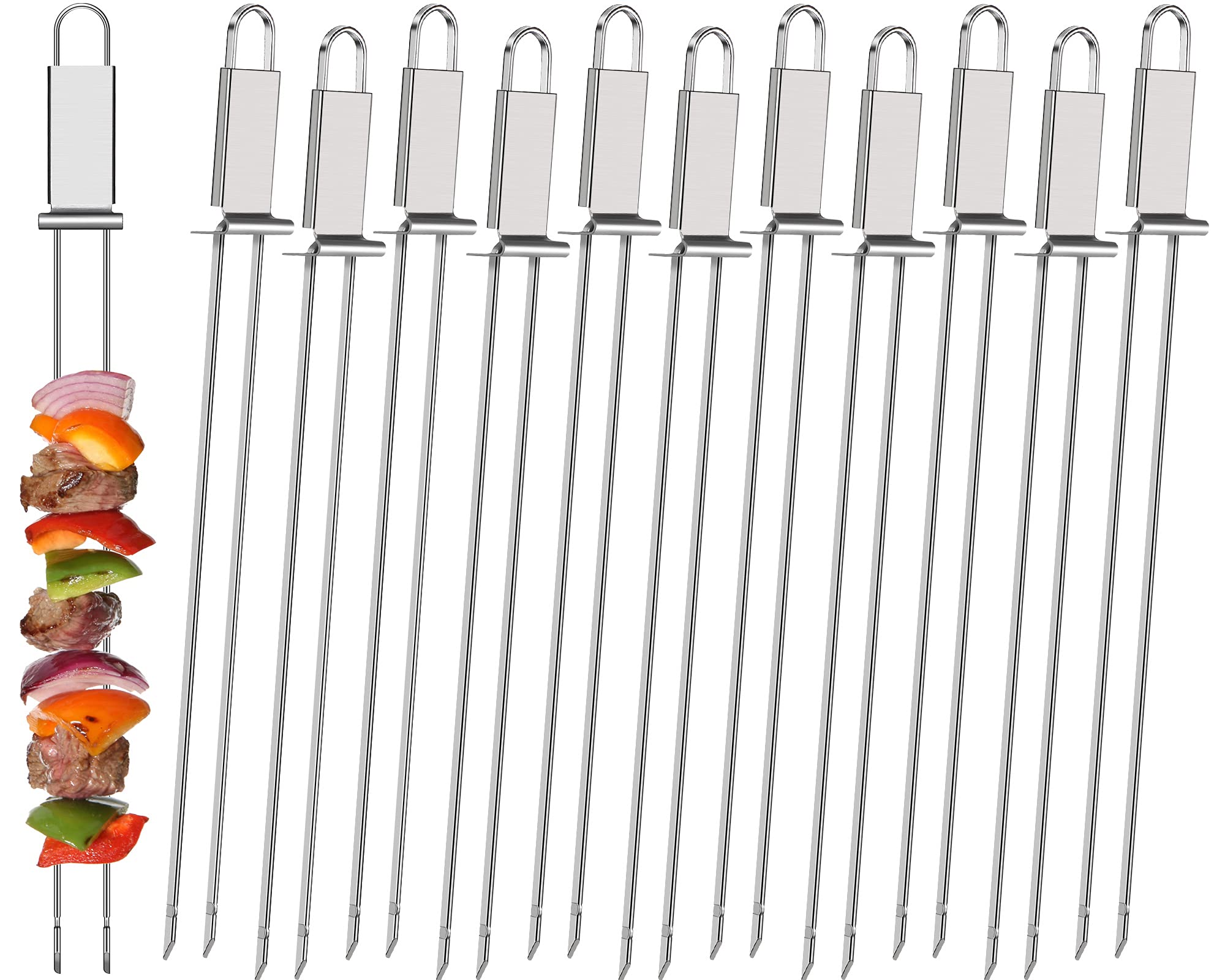 Lallisa Kabob Skewer For Grilling Metal Stainless Steel Bbq Skewer Stick With Push Bar Reusable Double Pronged Kebab Skewer Tool