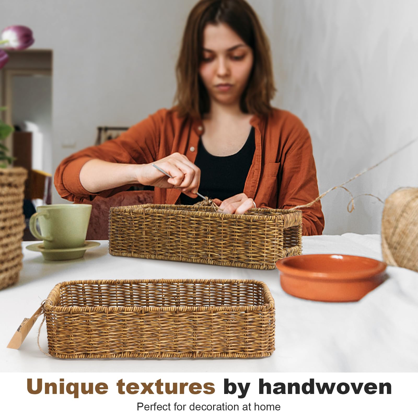 Upinfree Small Wicker Basket For Toilet: Waterproof Storage Basket Organizing Over Tank Topper Tan 2Pack