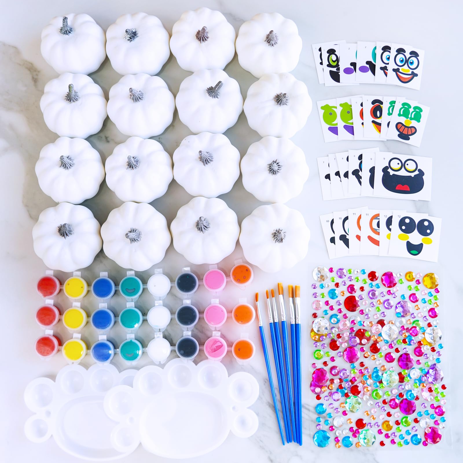 Winlyn 16 Sets 3 DIY Fall Pumpkin Painting Kits Paint Your Own Pumpkins White Foam Craft Pumpkins with Jack-O-Lantern Face Stick