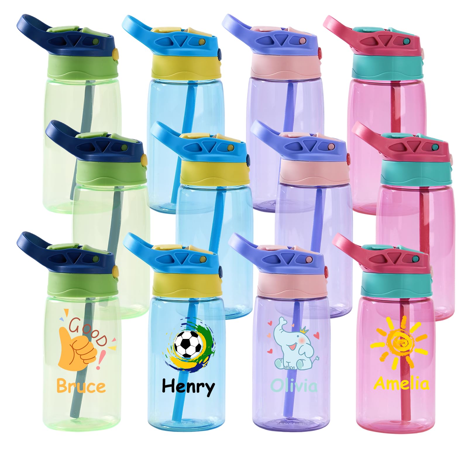 Vletlux 16oz Clear Water Bottle with Straw Lid & Handle, 12 Pack Reusable Plastic Blank Water Bottles Bulk, Wide Mouth, Leak Pro