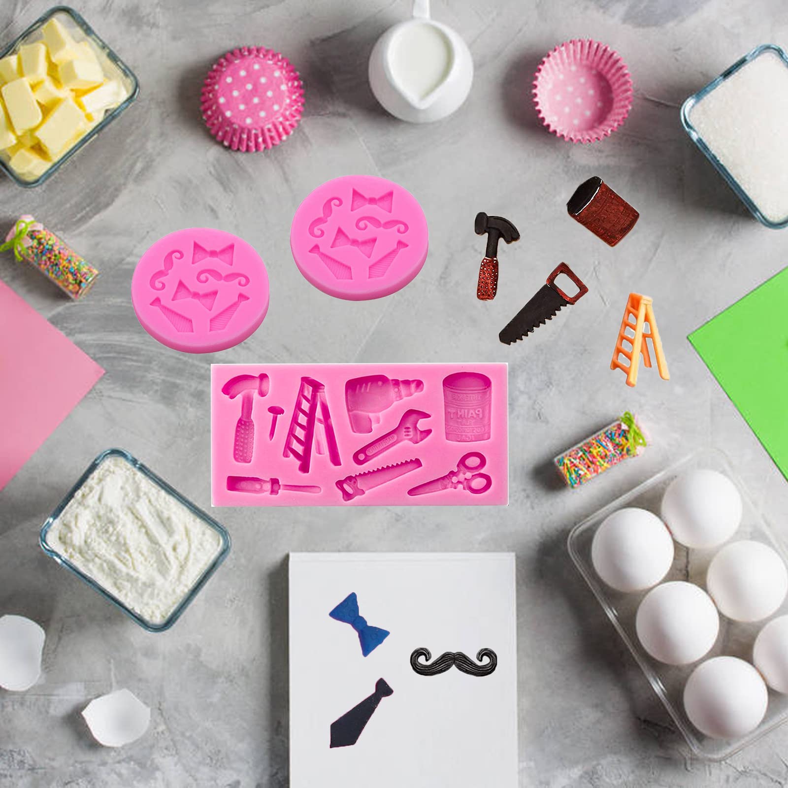 3 Pcs Mini Silicone Fondant Cake Mold, Father'S Day Bow Ties Beard Hand Tools Cupcake Fondant Cookies Decorating Mold, 3D Sugar