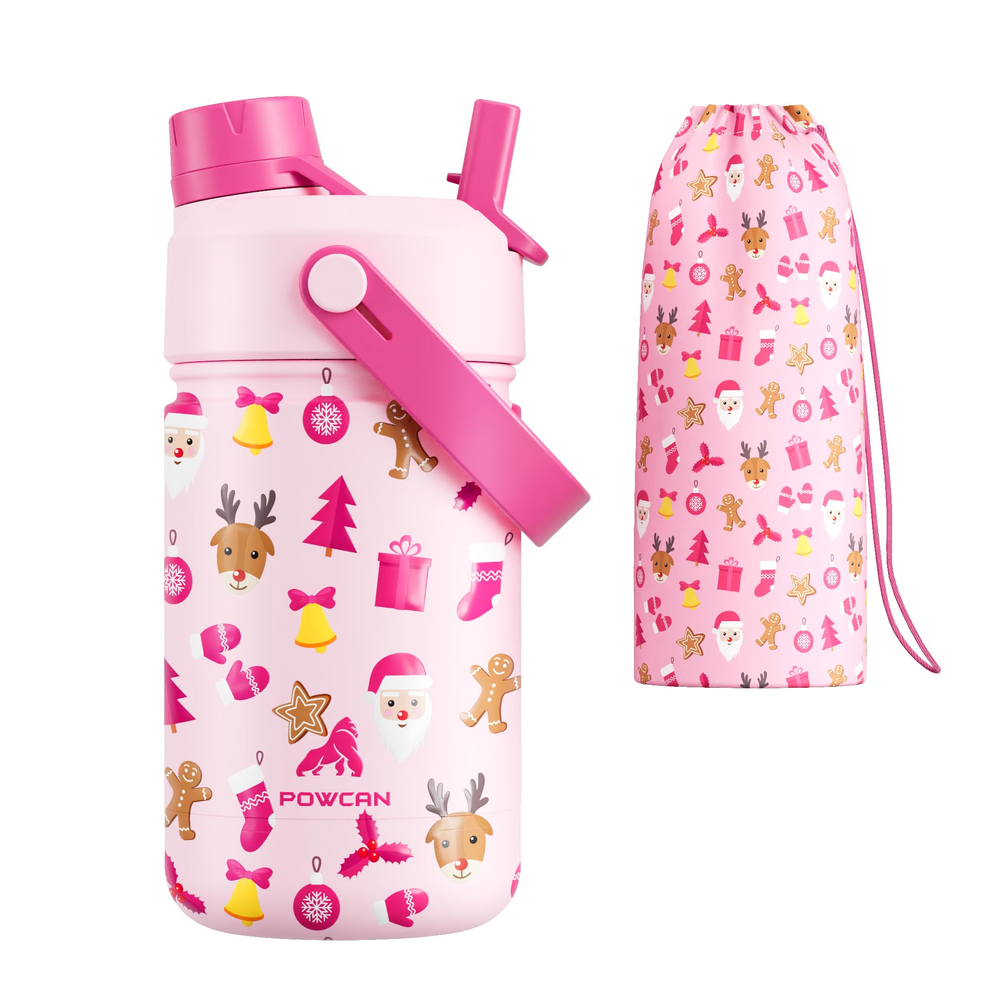 12 oz Christmas Kids Insulated Water Bottle: 2-in-1 Straw Spout Lid, Leakproof, BPA-Free, Stainless Steel Cup with Carrier Bag f