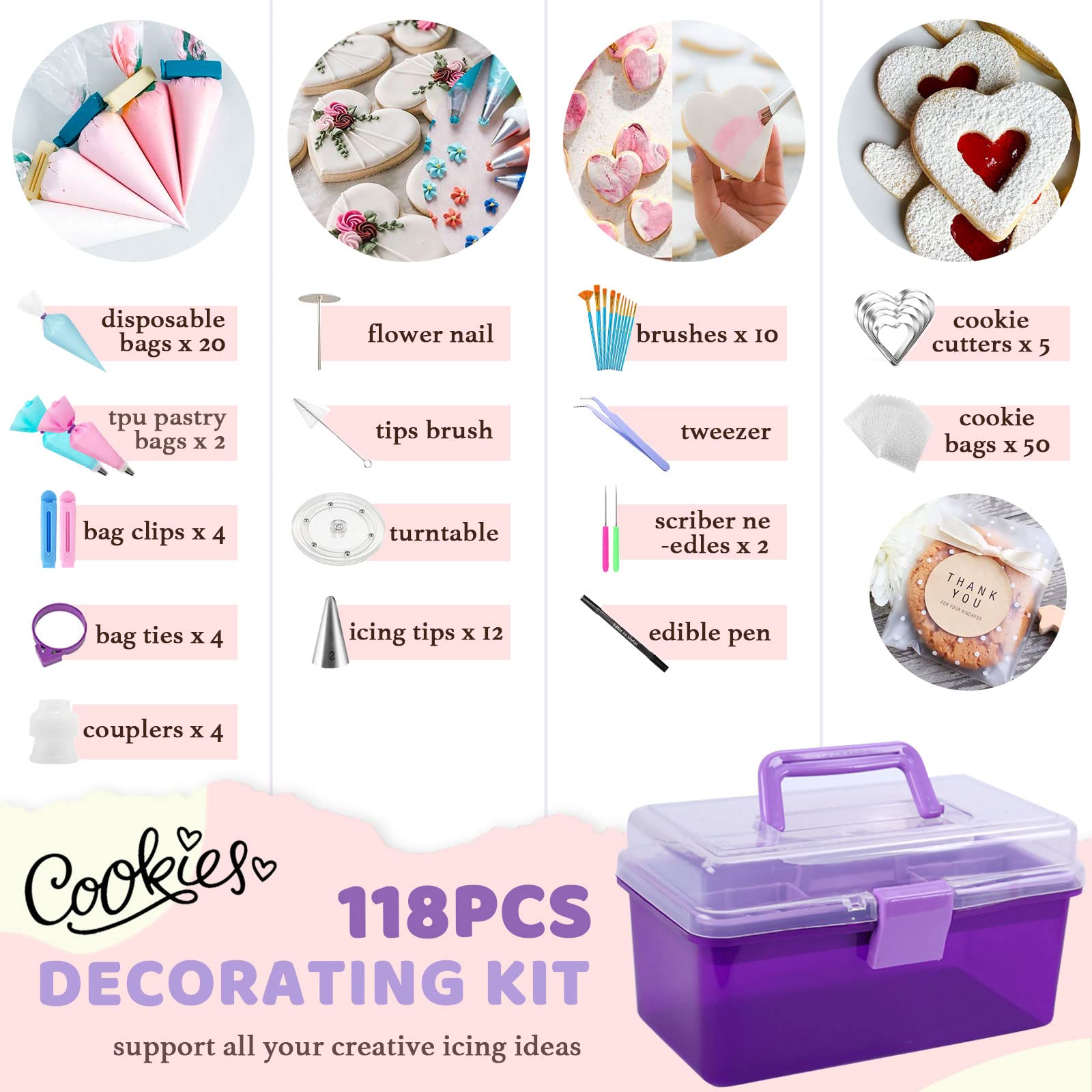 Lushyum Cookie Decorating Kit 118Pcs With Storage Case, Royal Sugar Piping Bags And Tips Icing Supplies Set, Turntable Scribe De