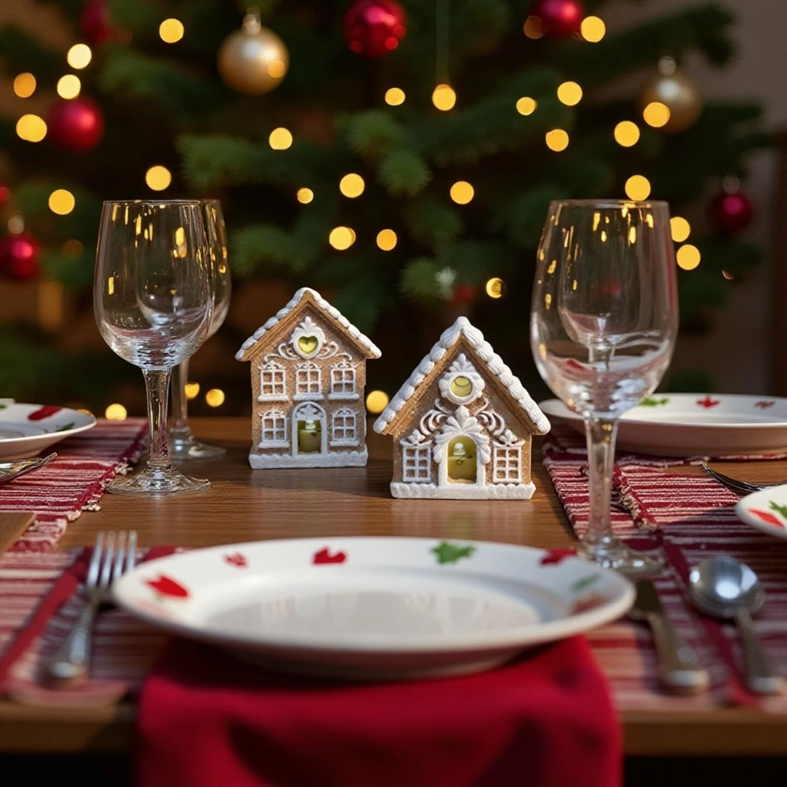 Braxio Indoor Christmas Decorations Gingerbread House Kit 2PCS with LED Light - 3 Inch Miniature Resin Houses for Indoor Home De