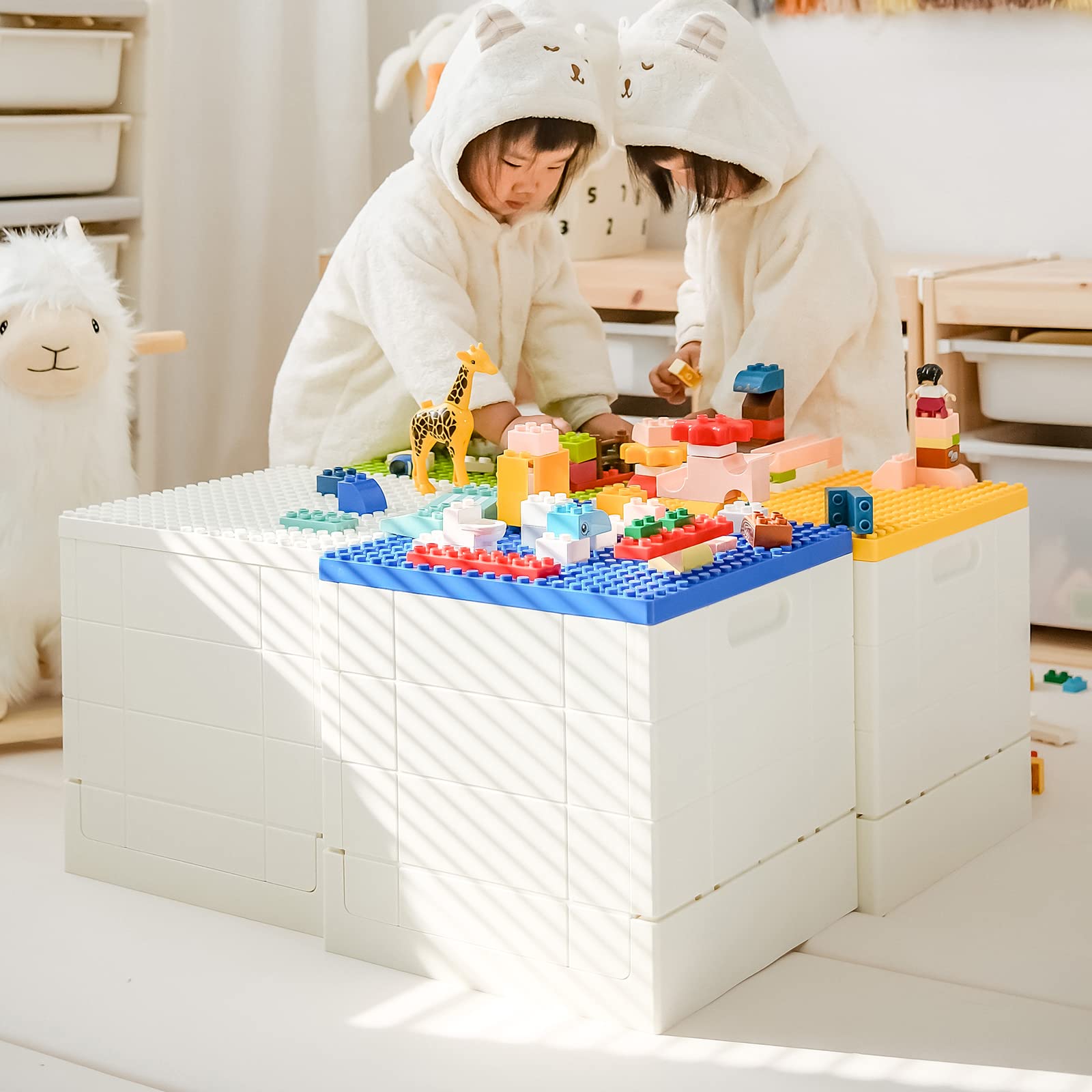 Shimoyama Folding Storage Box With Building Baseplate Lid, 26 Qt. Collapsible Toy Organizer For Duplo Blocks, 25L Bolck Bins For
