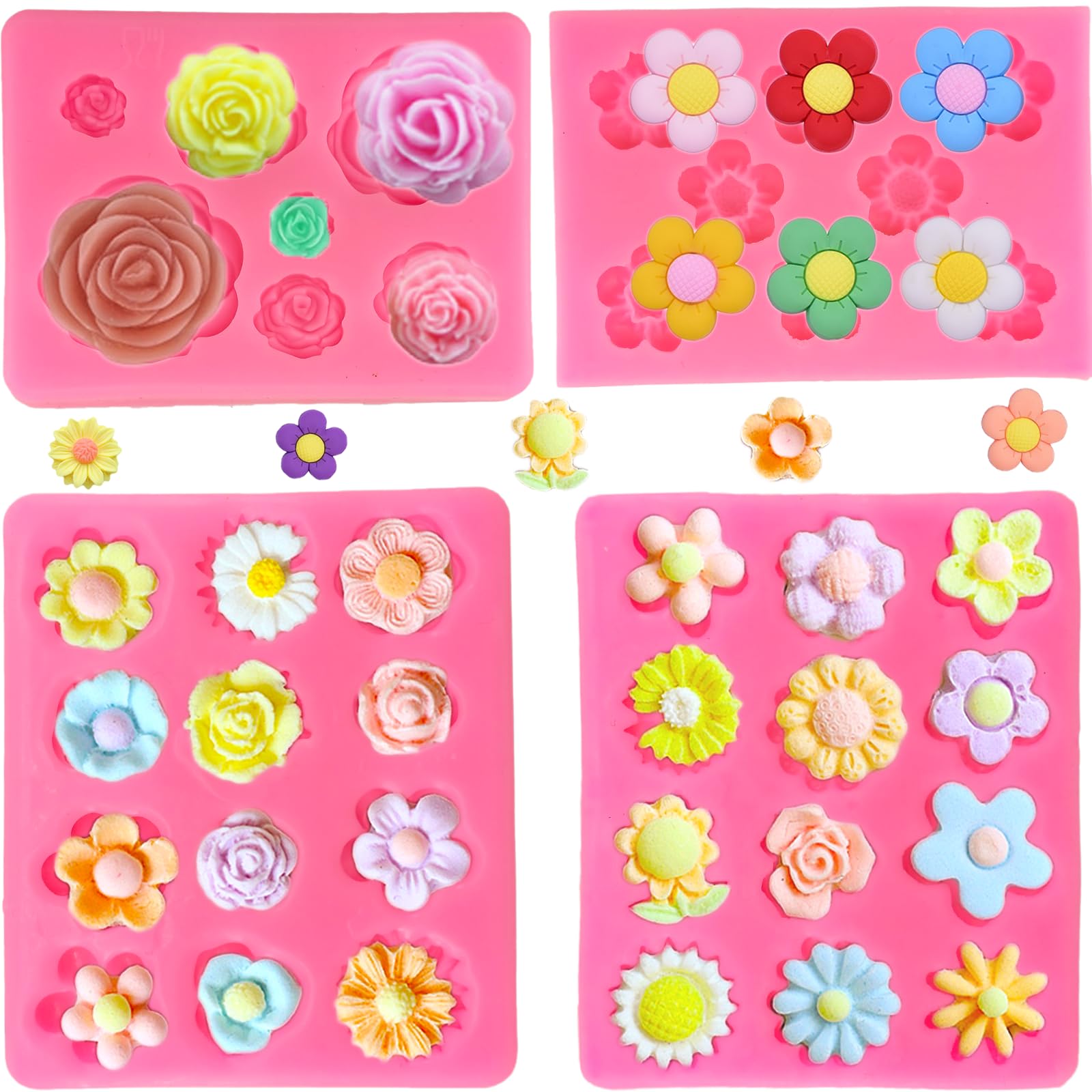 4Pcs Flower Silicone Molds - Rose & Daisy Mini Chocolate & Fondant Cake Decorating Molds for Baking, Soap, Ice Cube & Wax Melt
