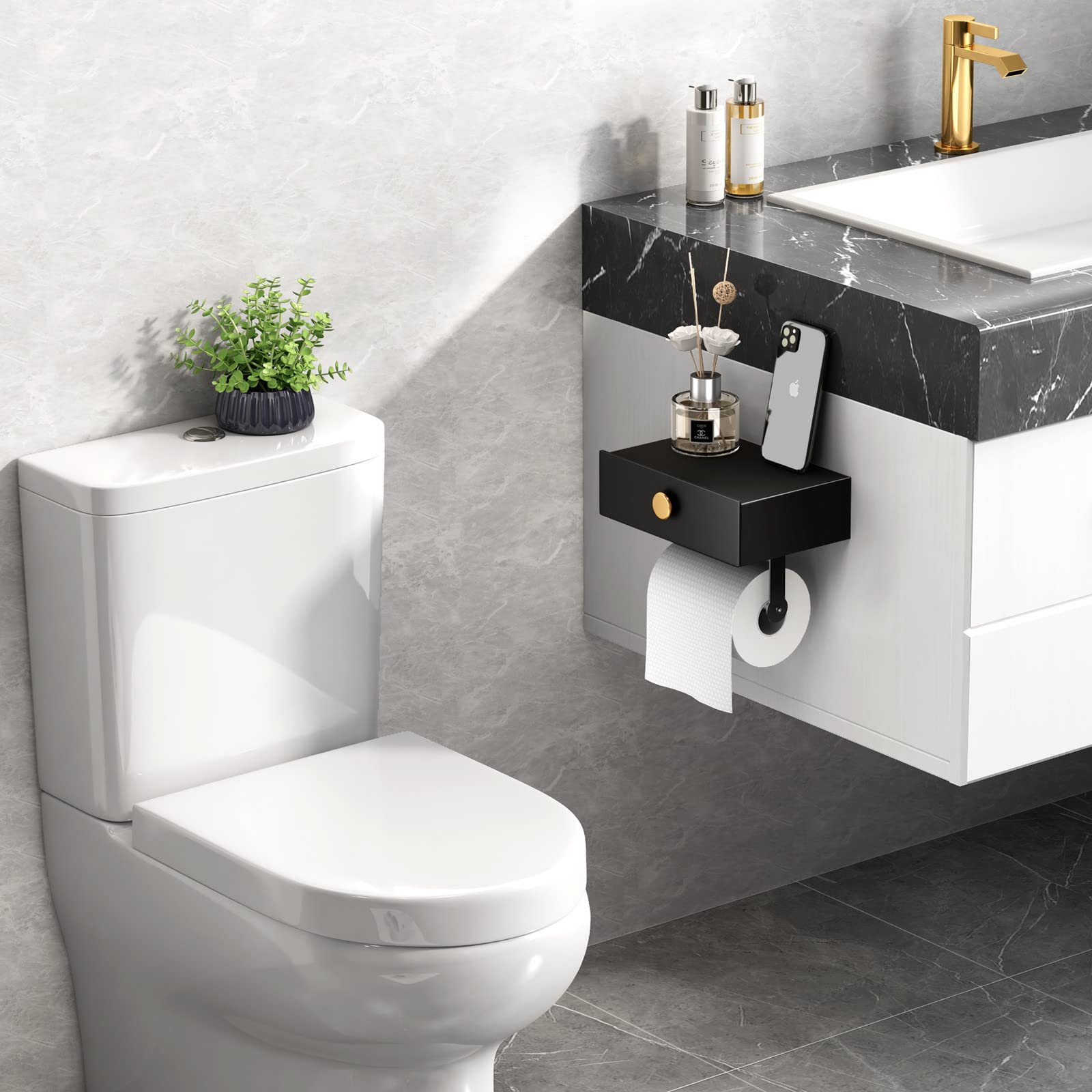 VOLDRA Toilet Paper Holder with Shelf Black Wipes Dispenser for Bathroom Stainless Steel Toilet Paper Holder with Storage Drawer Adhesive Wall Mount Small Bathroom Shelf