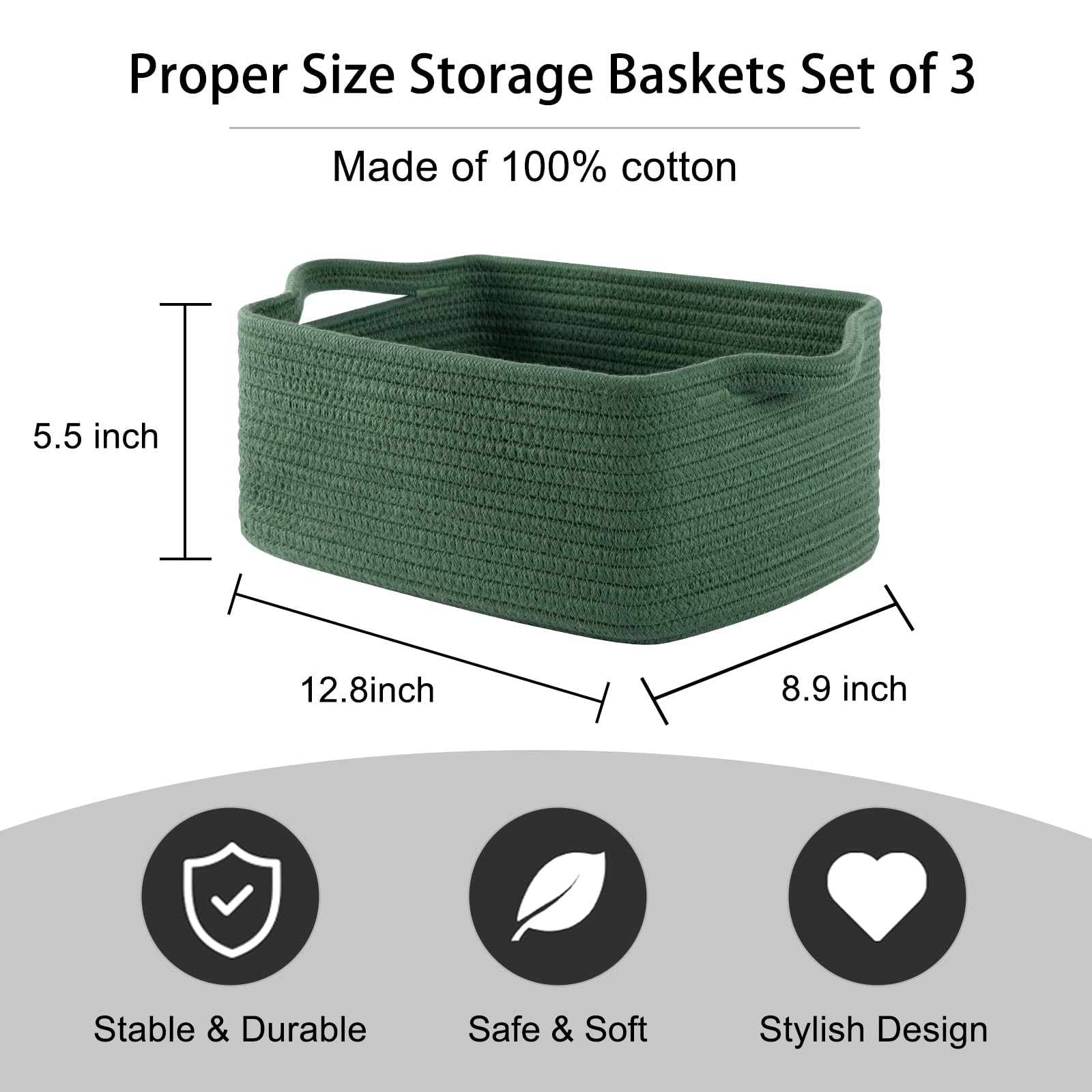 Oiahomy Cotton Rope Woven Baskets For Storage, Nursery Rectangle Storage Basket With Handles For Shelves, Pack Of 3, Green