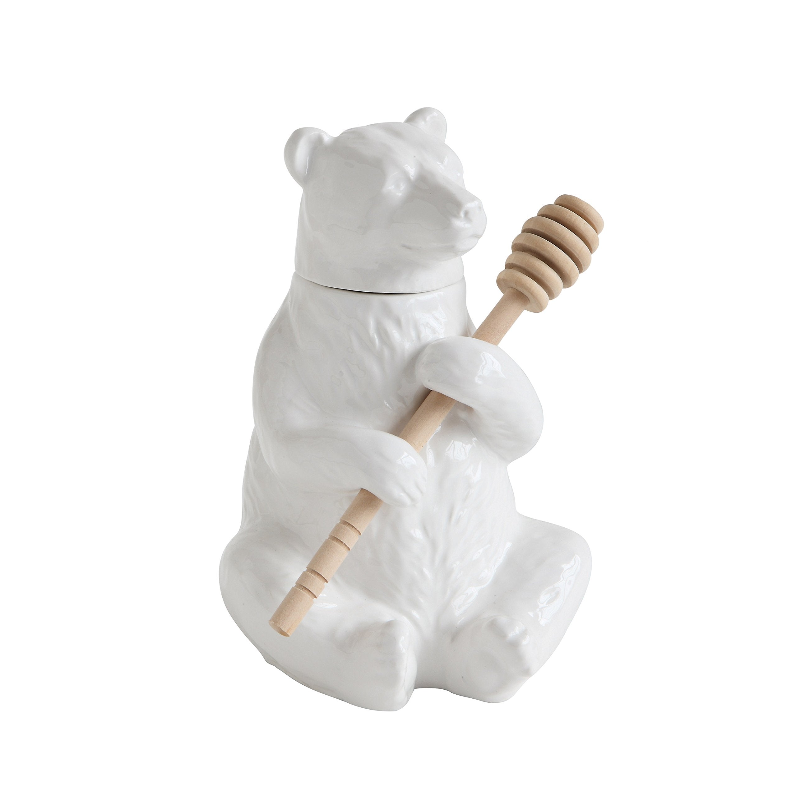 Creative Co-Op White Bear Shaped Honey Pot With Lid & Bamboo Dipper