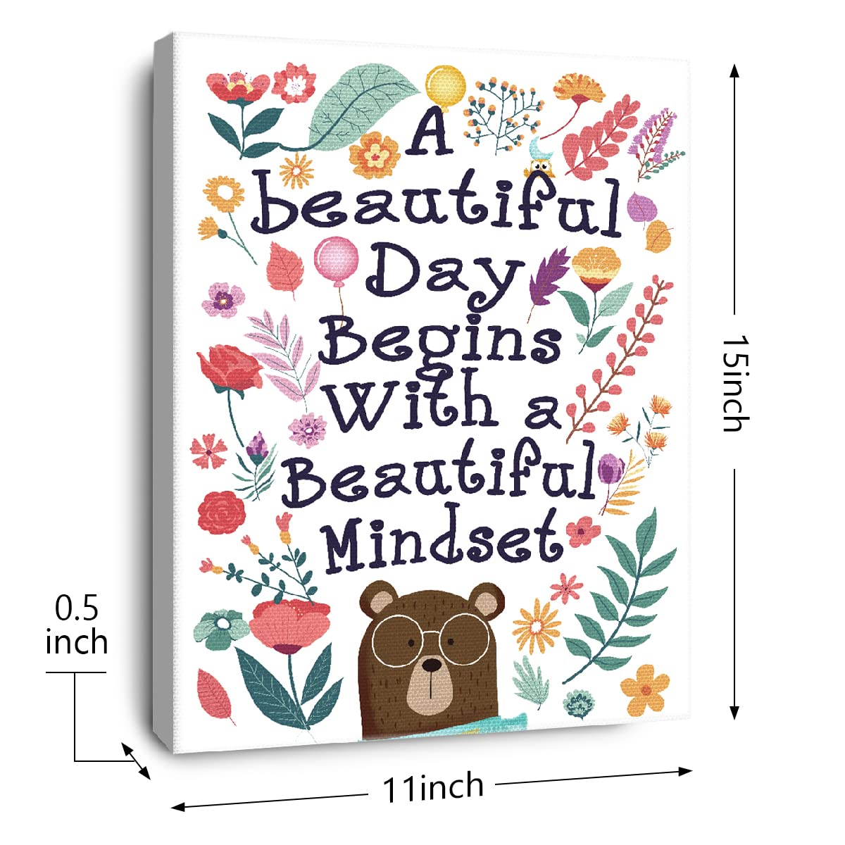 Otingqd A Beautiful Day Begins With A Beautiful Mindset Wall Art,Inspirational Wall Decor For Teen Girls,Colorful Flowers Bear M