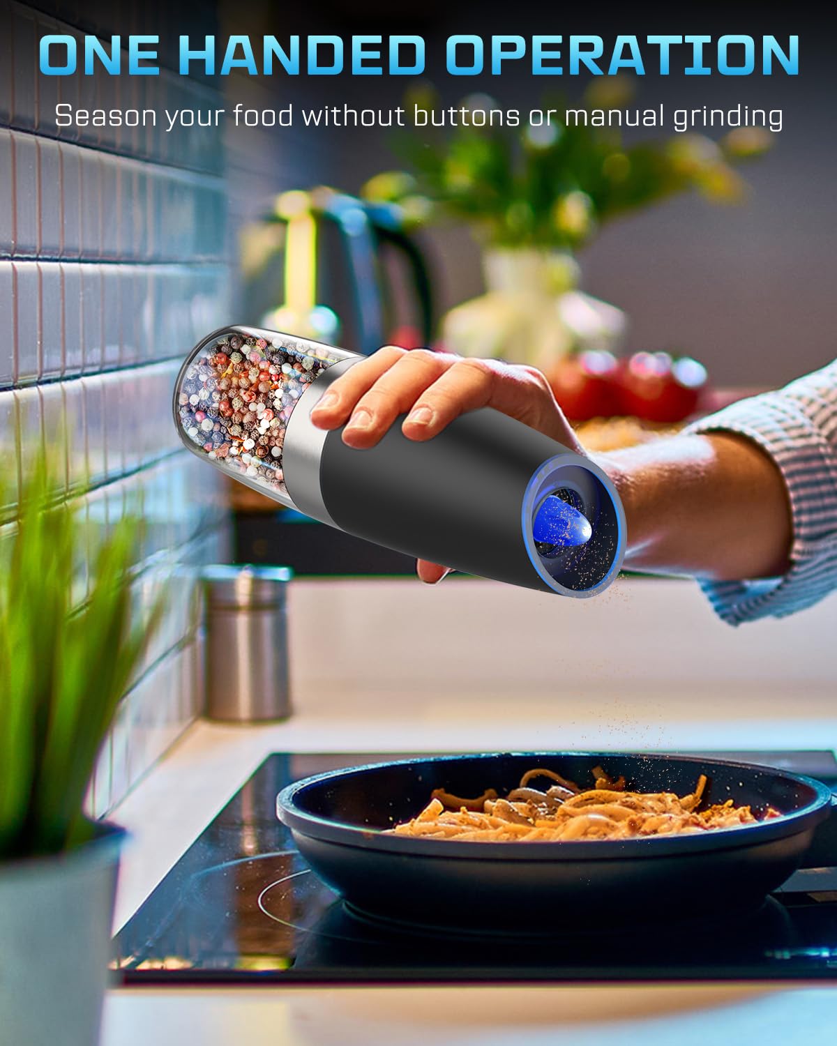 XinXu Gravity Electric Pepper and Salt Grinder Set, Adjustable Coarseness, with LED Light, One Hand Automatic Operation (Set/Cor