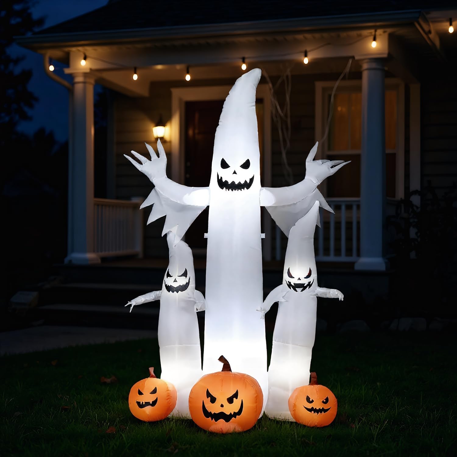 Bencailor 4.8 Ft Halloween Ghost Inflatable Outdoor Decorations Bow up Ghost with Pumpkin Built in LED Lights for Halloween Yard