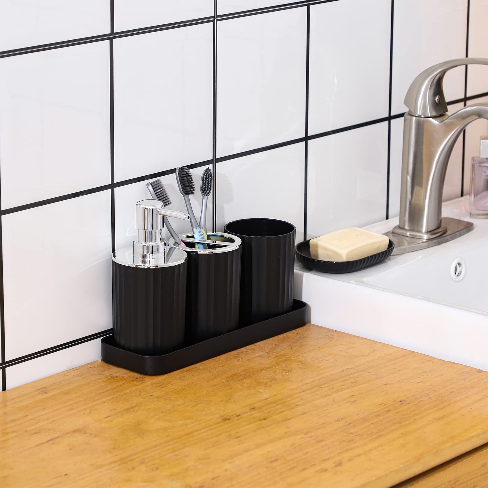 Ycoco Black Bathroom Accessories Set,8 Pcs Plastic Gift Set With Toothbrush Holder,Mouthwash Cup,Soap Dish, Soap Dispenser, Toil