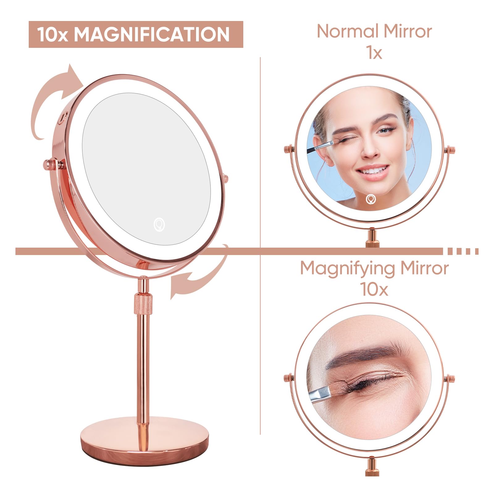 Nicesail Led Make Up Mirror With Lighting, Magnifying Mirror With 3 Color Dimmable Lights, Height Adjustable Stand Up 360Rotatio
