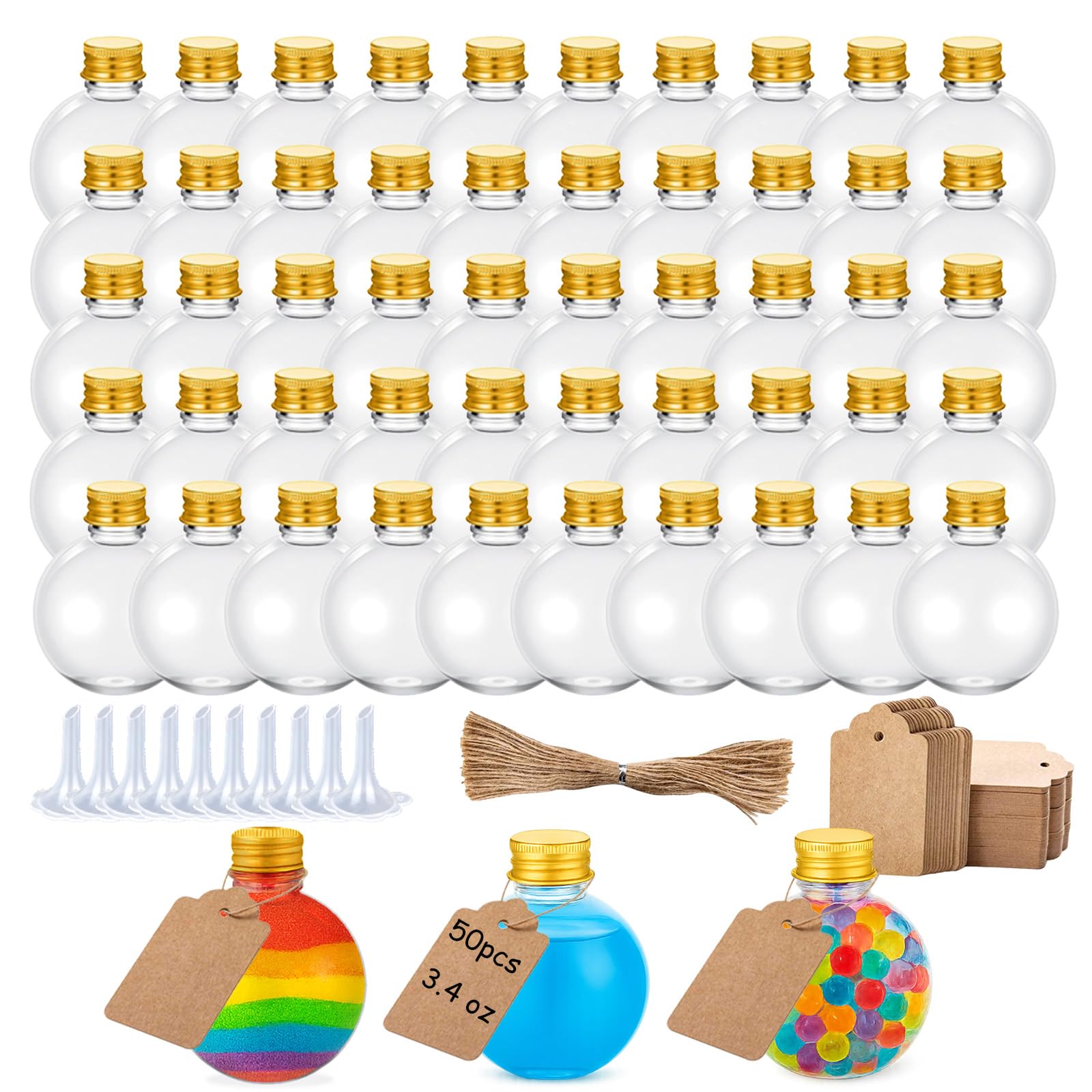 YANMAKE 50 Pcs Spherical Plastic Potion Bottles, 3.4 Oz Sand Art Round Ball Bottles with Lids, Tags and 10 Funnels for DIY Craft