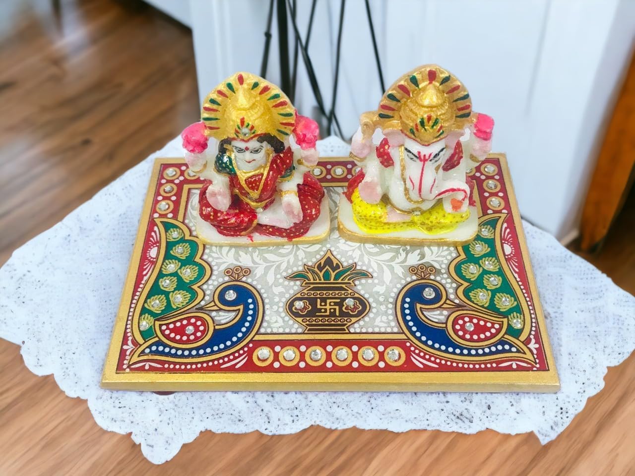 Sesonby Laxmi Ganesh Idol Handmade Religious Laxmi Ganesh With Chowki Pata Idols Showpiece Diwali Gift Diwali Pooja Home Decor-O
