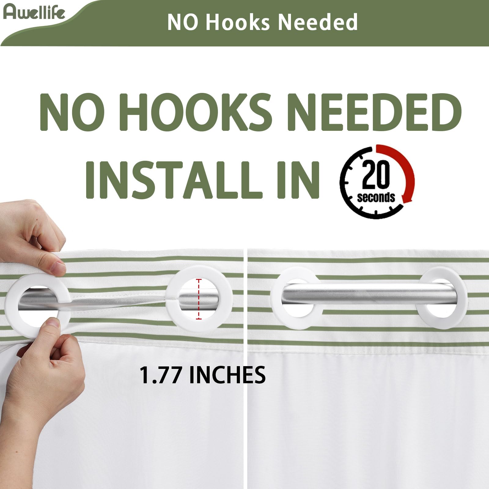 Awellife No Hook Shower Curtain With Snap In Liner Set Cotton And Linen Blend Shower Curtain For Bathroom Boho Green Striped 81'