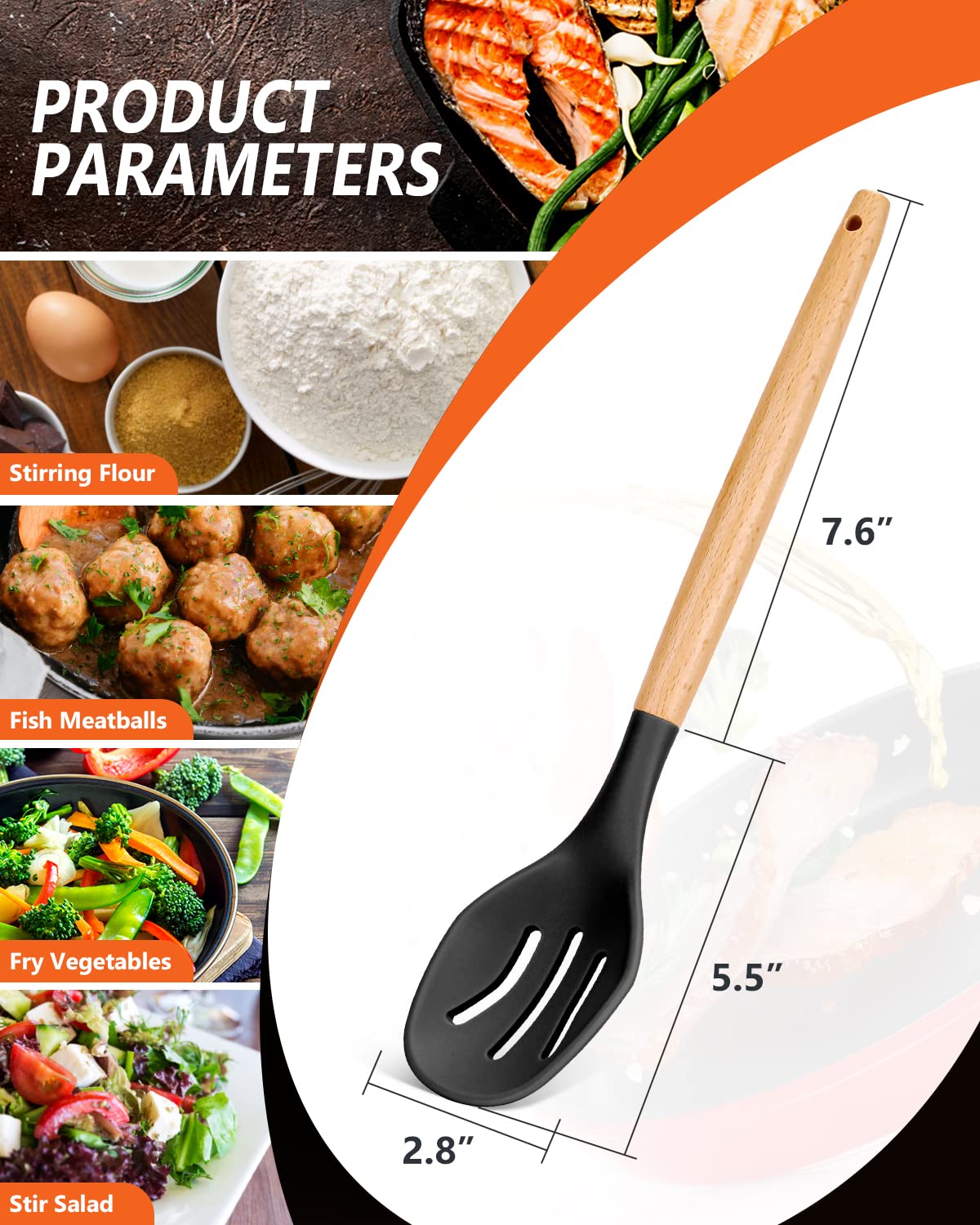 Large Silicone Cooking Spoons, 2 Pack Nonstick Solid And Slotted Wooden Handle Spoon Set, Heat Resistan Silicone Kitchen Spoons