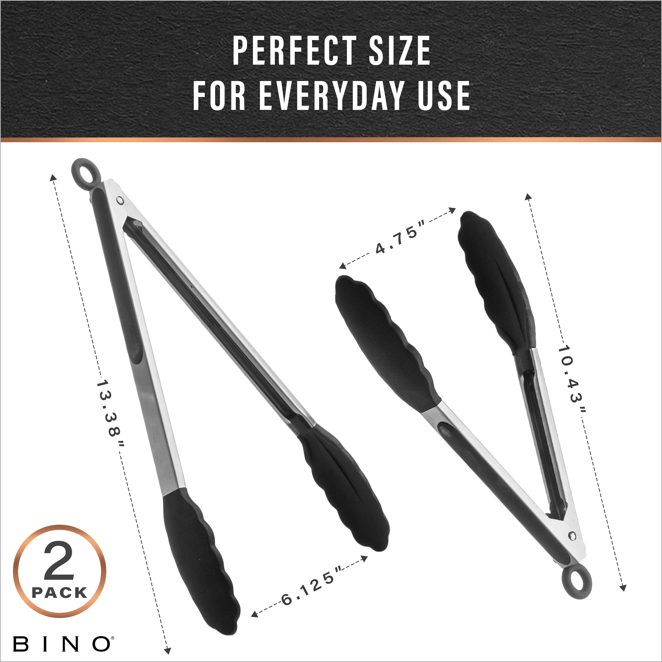 Bino 2-Piece Silicone Tipped Stainless Steel Tongs Set - Black | Locking Tongs | Kitchen Utensil & Tool For Cooking & Serving |
