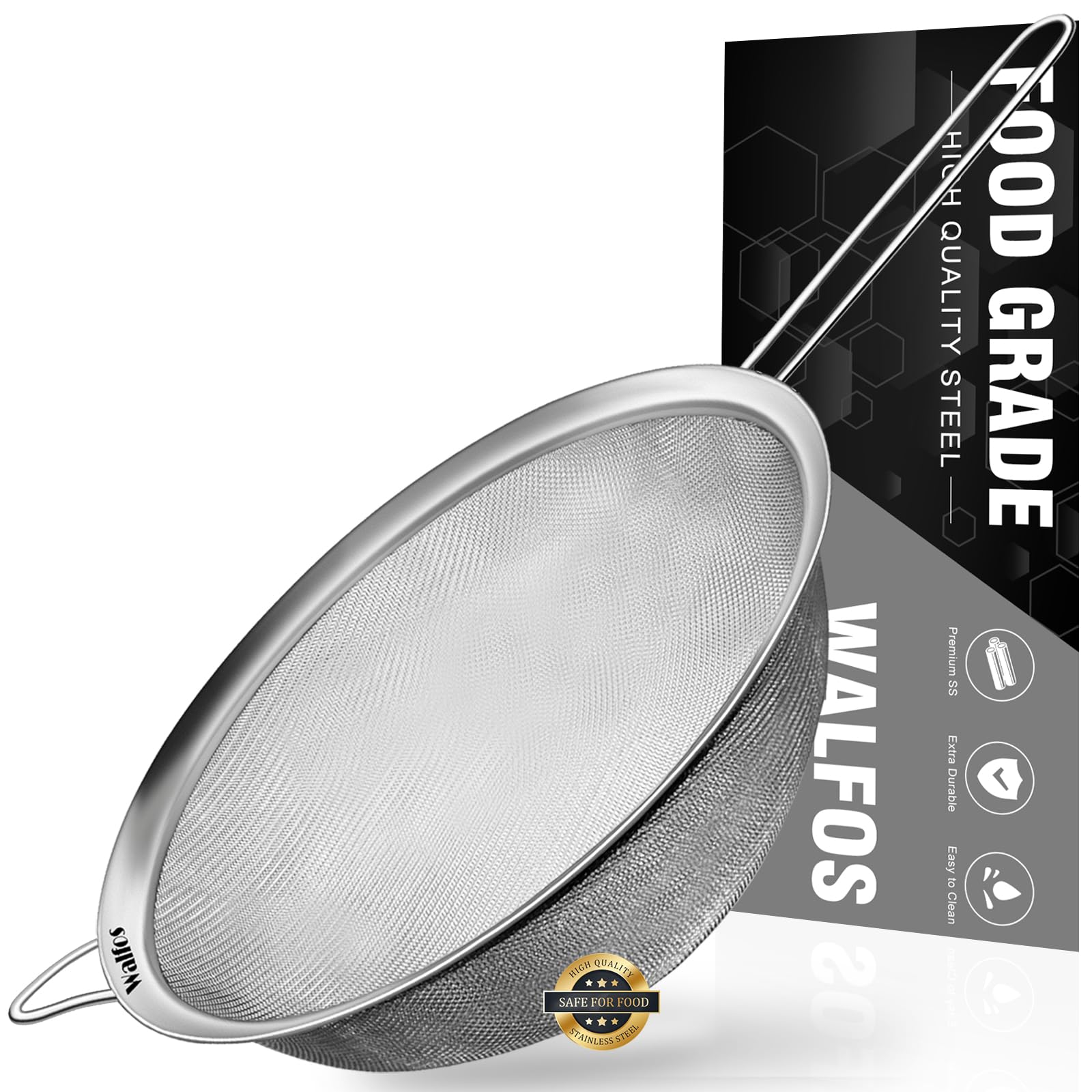 Walfos 9 Inch Large Fine Mesh Strainer, Kitchen Metal Food Strainers With Sturdy Handle, Stainless Steel 30 Mesh Sieve Sifters F