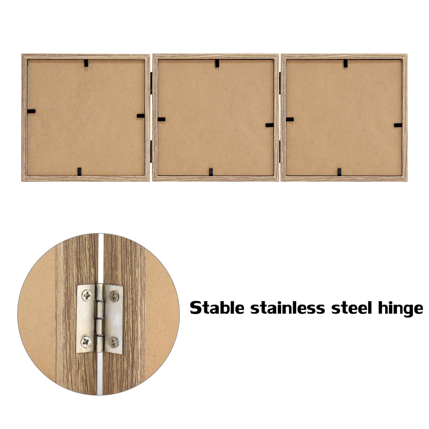 3 Picture Frame 5x5 Triple Hinged MDF Wood Grain with Glass Front Three Opening Photo Frame Stand Vertical on Tabletop