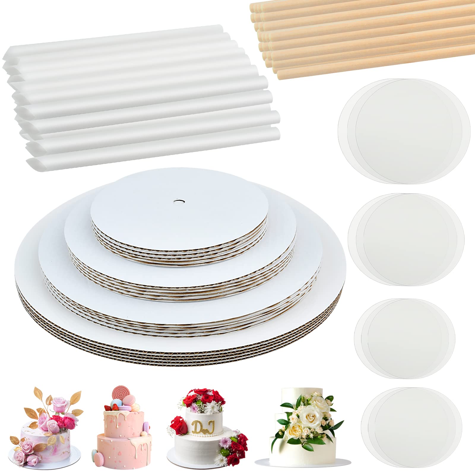 Worldity 230Pcs Cake Boards Tiering Kit, 12 Inch,10 Inch, 8 Inch, 6 Inch Cake Cardboard Rounds, Parchment Paper Rounds, Wooden D