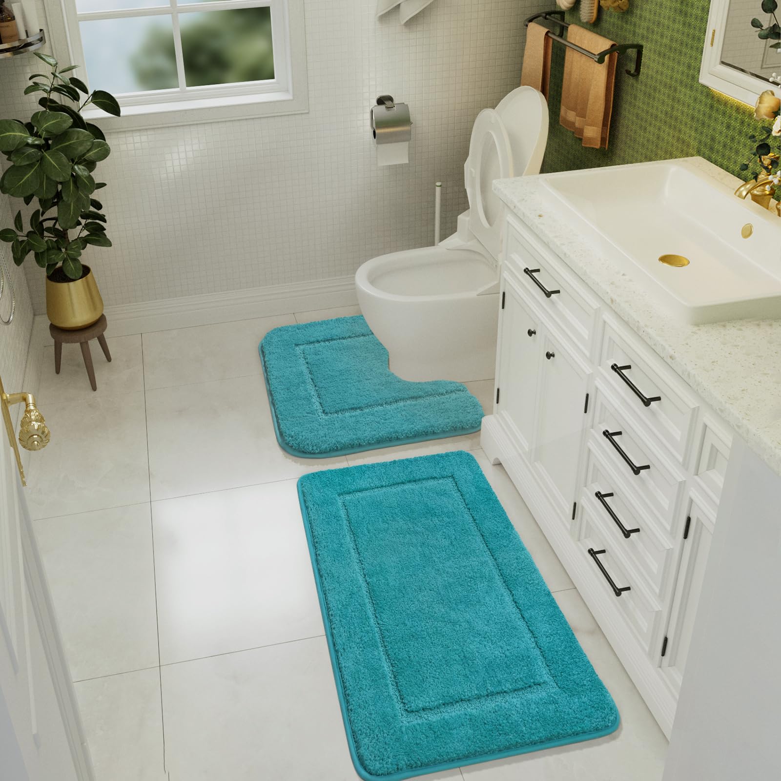Lochas Bathroom Rug Set Teal Blue, Soft Bath Rug Set 2 Piece Set, Toilet Mat U-Shaped 20X20 And 34X20 Bathroom Rugs, Quickly Dry