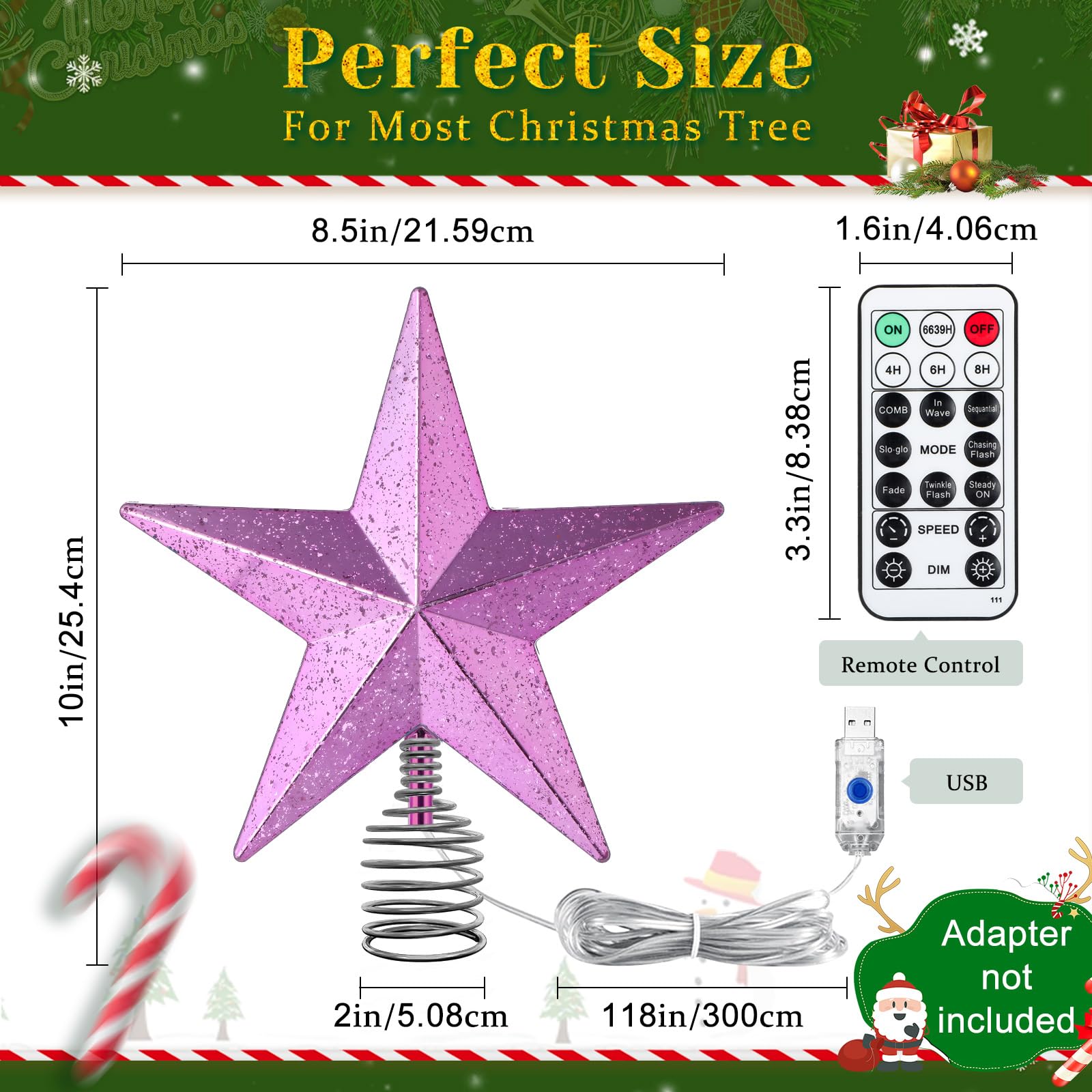Christmas Tree Star Topper with Lights, 8.5-Inch Light-Up Christmas Tree Topper with Remote Control, 4 Brightness Levels & 8 Lig