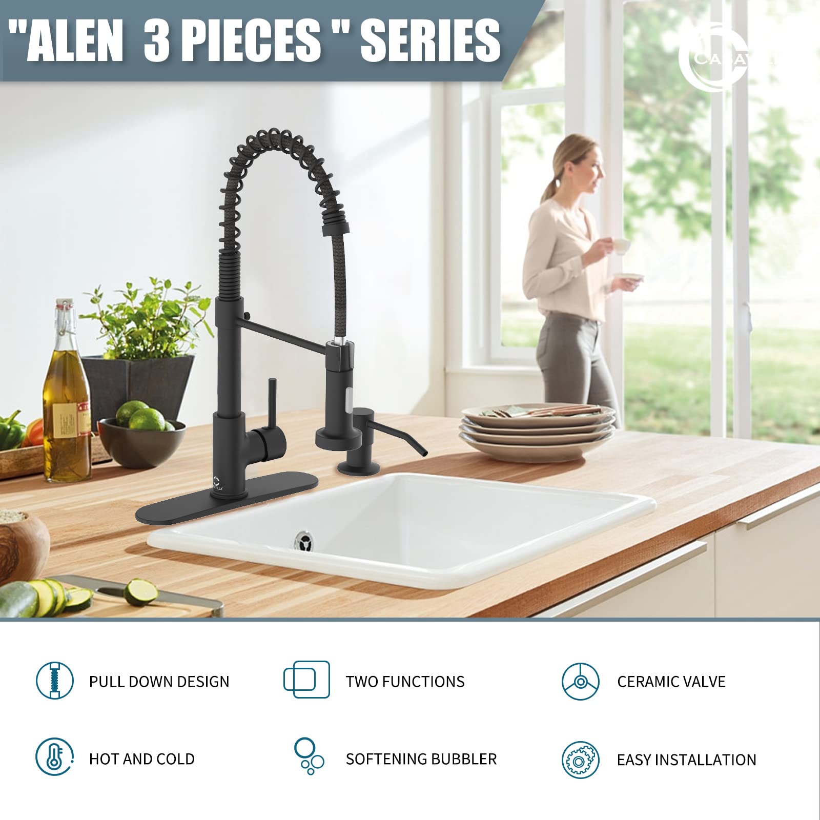 Casavilla Kitchen Faucet Set  Black Kitchen Sink Faucets with Pull Down Sprayer and Soap Dispenser  Single Handle Stainless Steel Faucets for Kitchen Sinks  Farmhouse Kitchen Faucets with Deck Plate