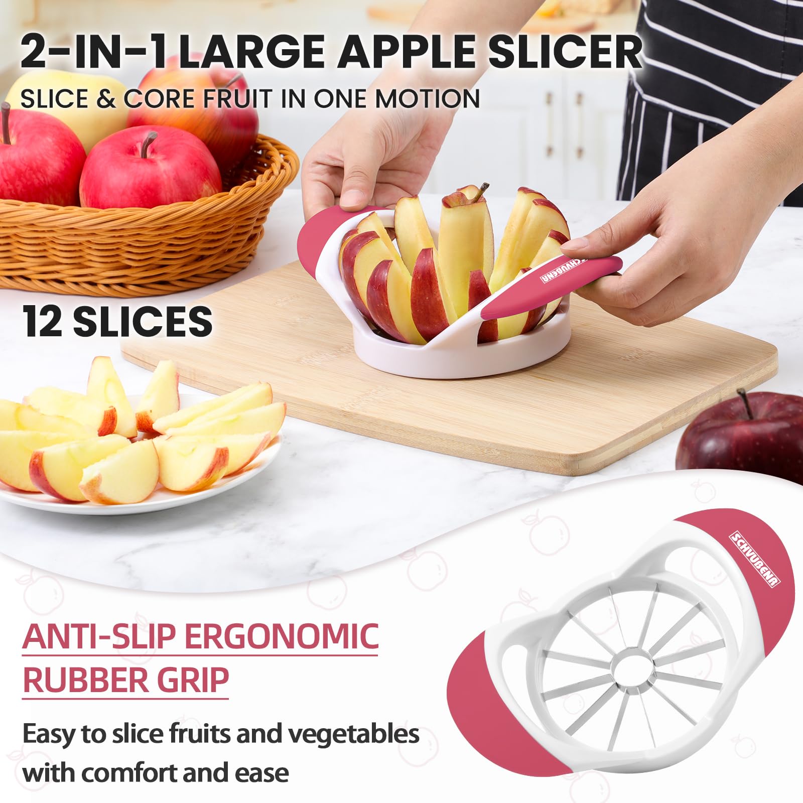 Schvubenr 4.72 Inch Large Apple Slicer With 12 Blades - Professional Apple Cutter - Stainless Steel Apple Corer - Sharp Apple Sl