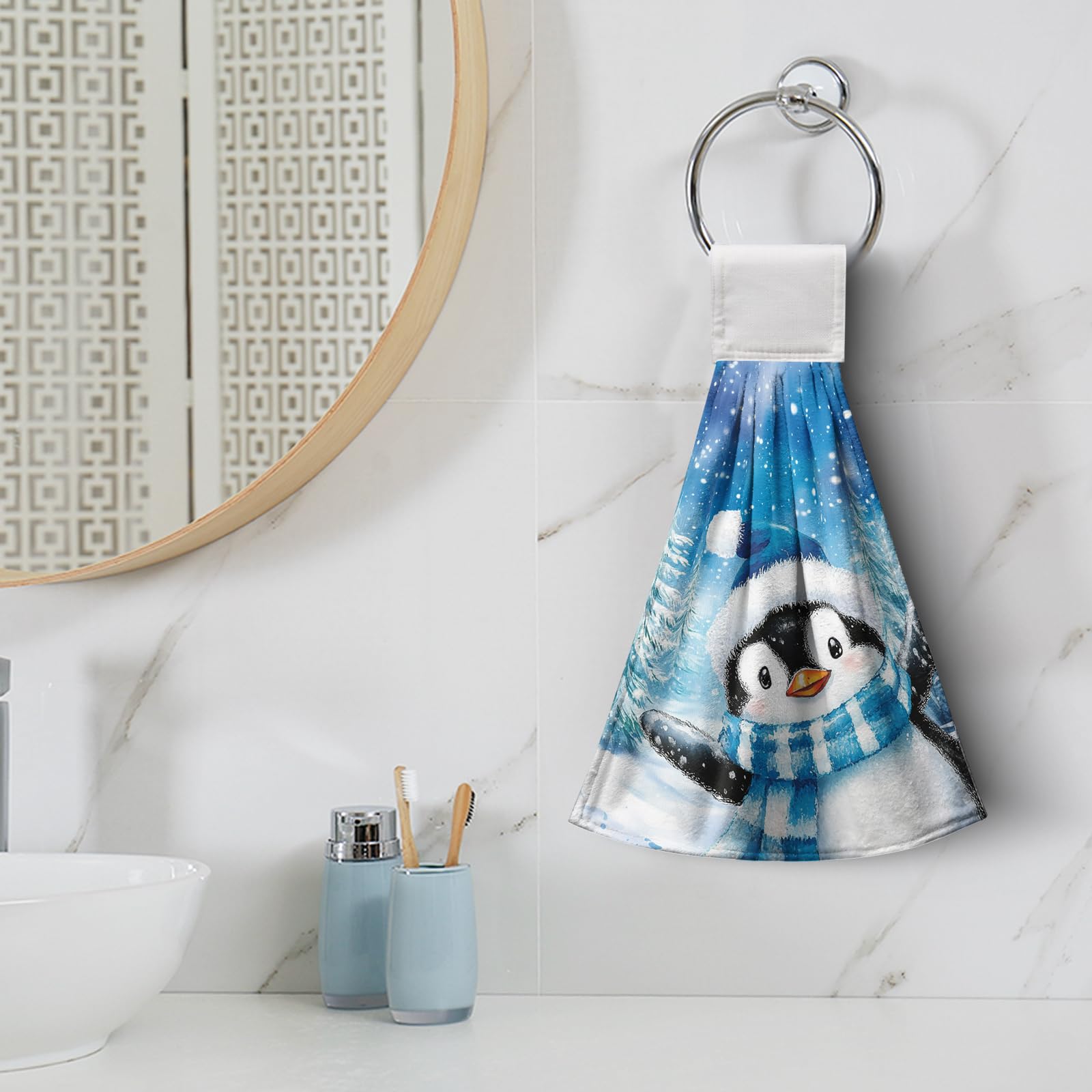 Winter Penguin Blue Kitchen Hanging Towels Set Of 2 Cute Snowman Snowflakes Christmas Hand Towels With Hanging Loop Tea Bar Dish