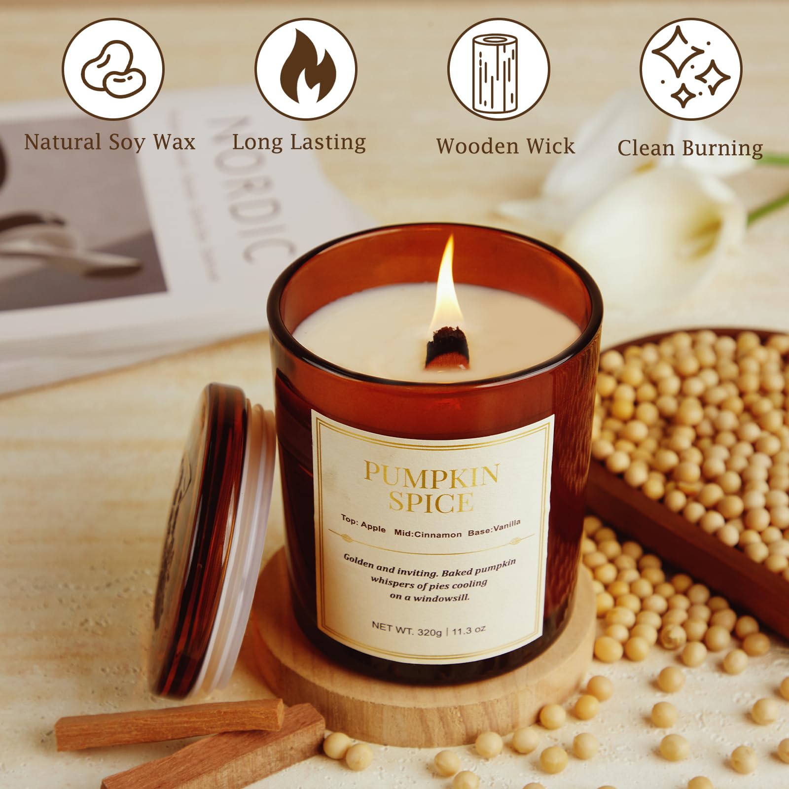 Fall Candle Gift Set -2 Pack Wooden Wick Pumpkin Spice Scented Candles,22.6 oz Natural Soy Wax Candles with Gift Box,Long Lastin