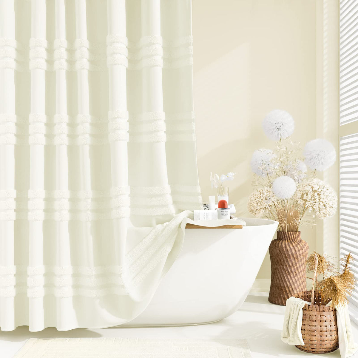 Dynamene Cream Fabric Shower Curtain, Tufted Chenille Striped Textured Cloth Shower Curtains For Bathroom, Boho Farmhouse Shabby
